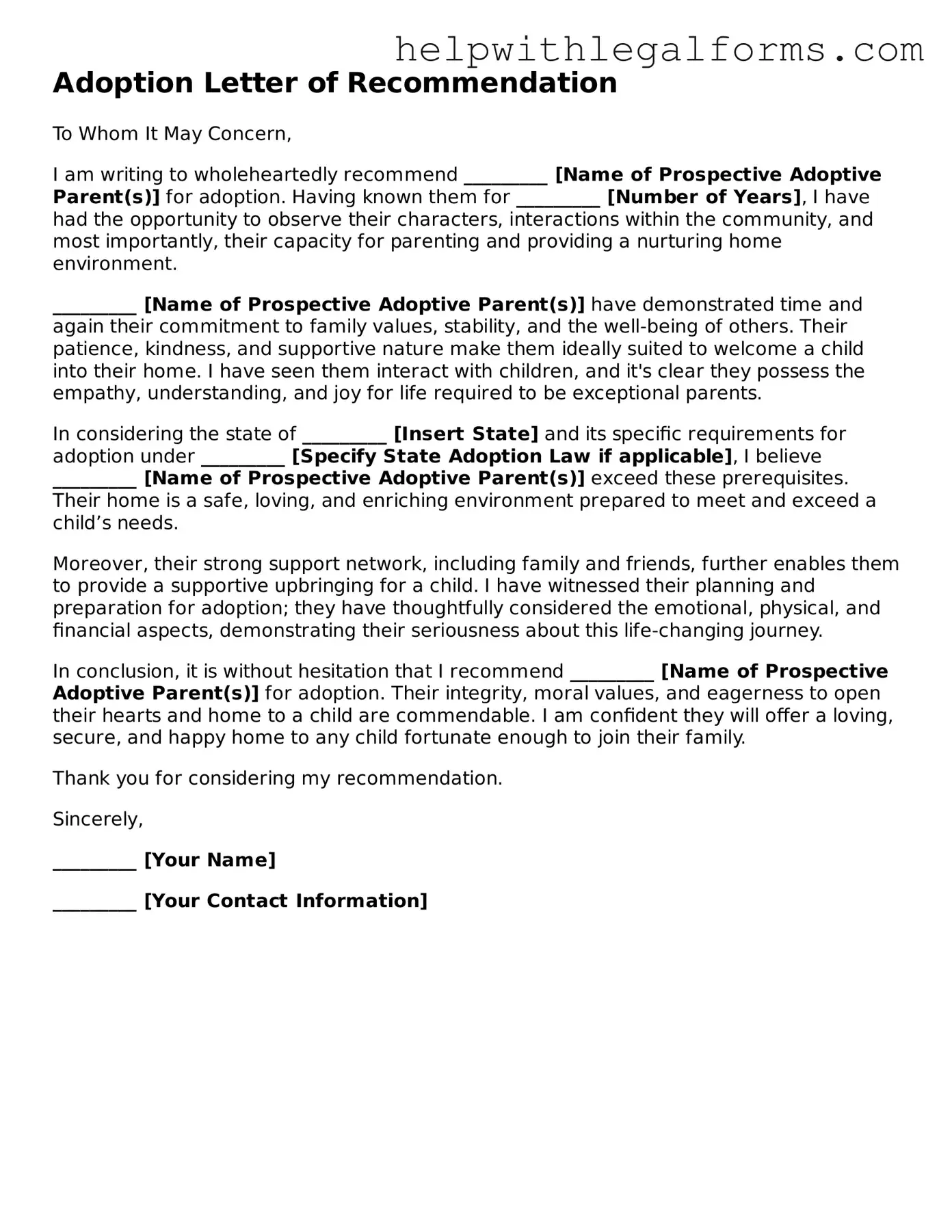 Legal Adoption Letter of Recommendation Form