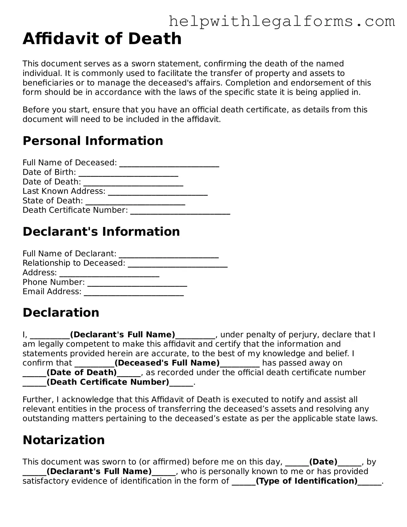 Legal Affidavit of Death Form