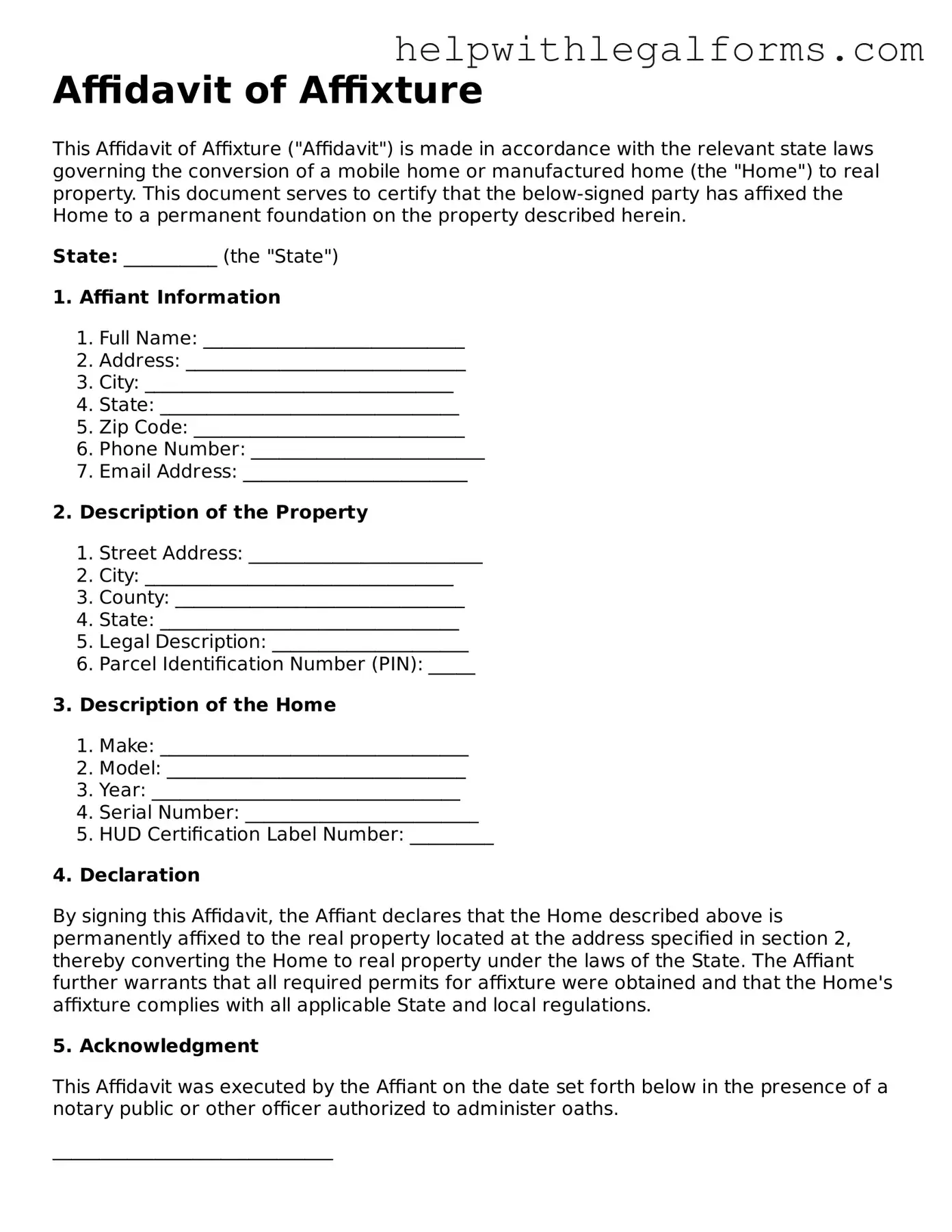 Legal Affidavit of Affixture Form