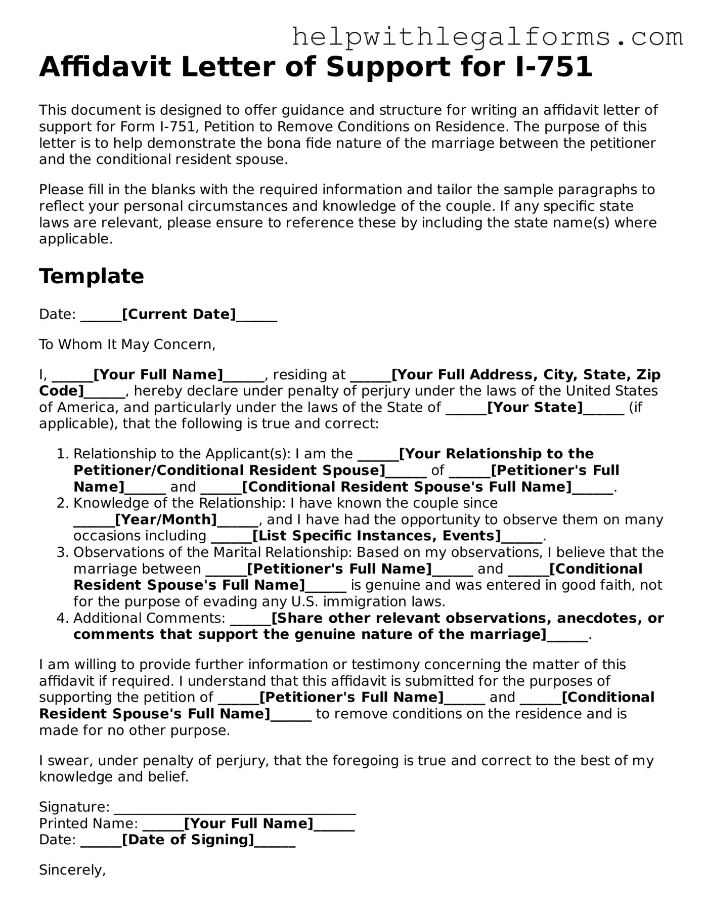 Legal Affidavit Letter of Support for I-751 Form