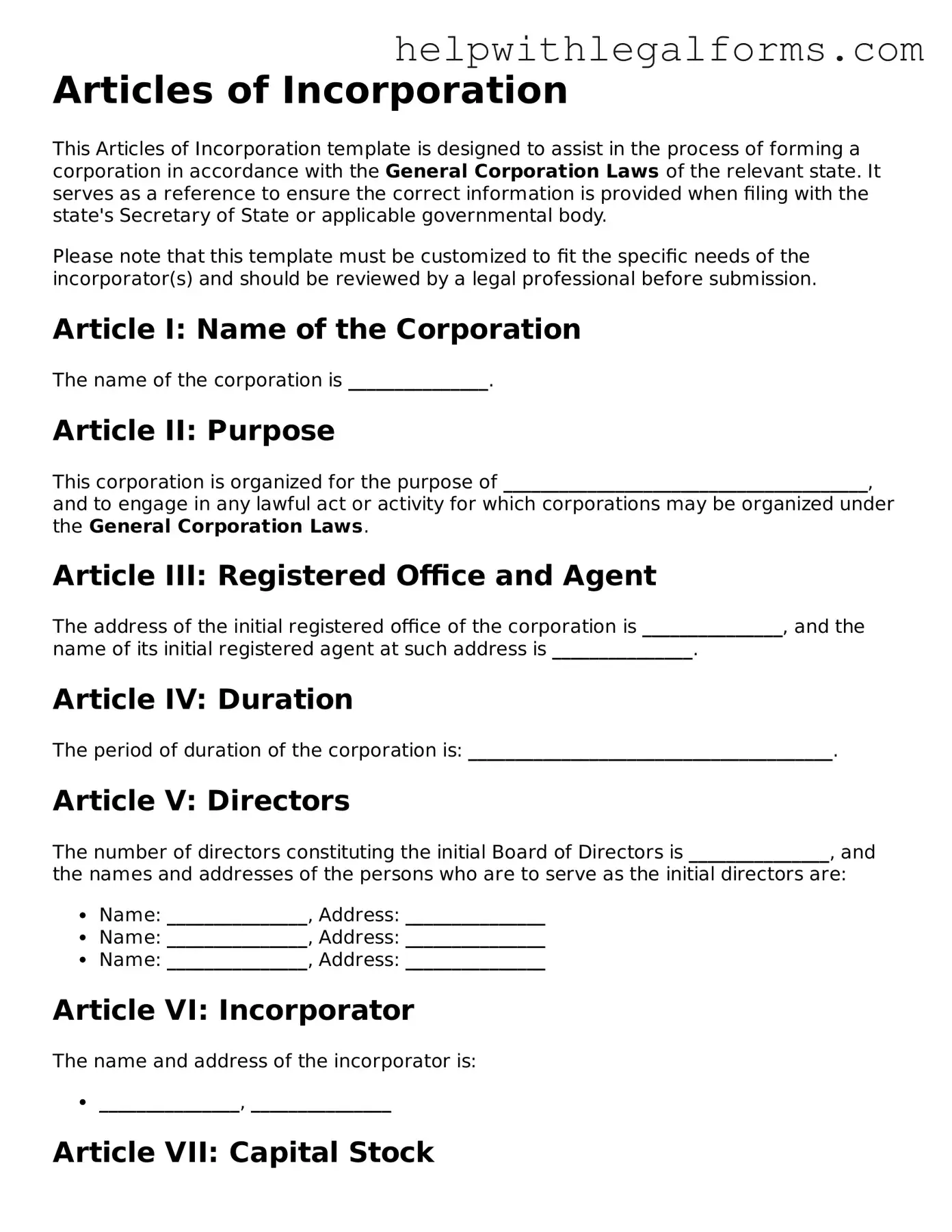 Legal Articles of Incorporation Form