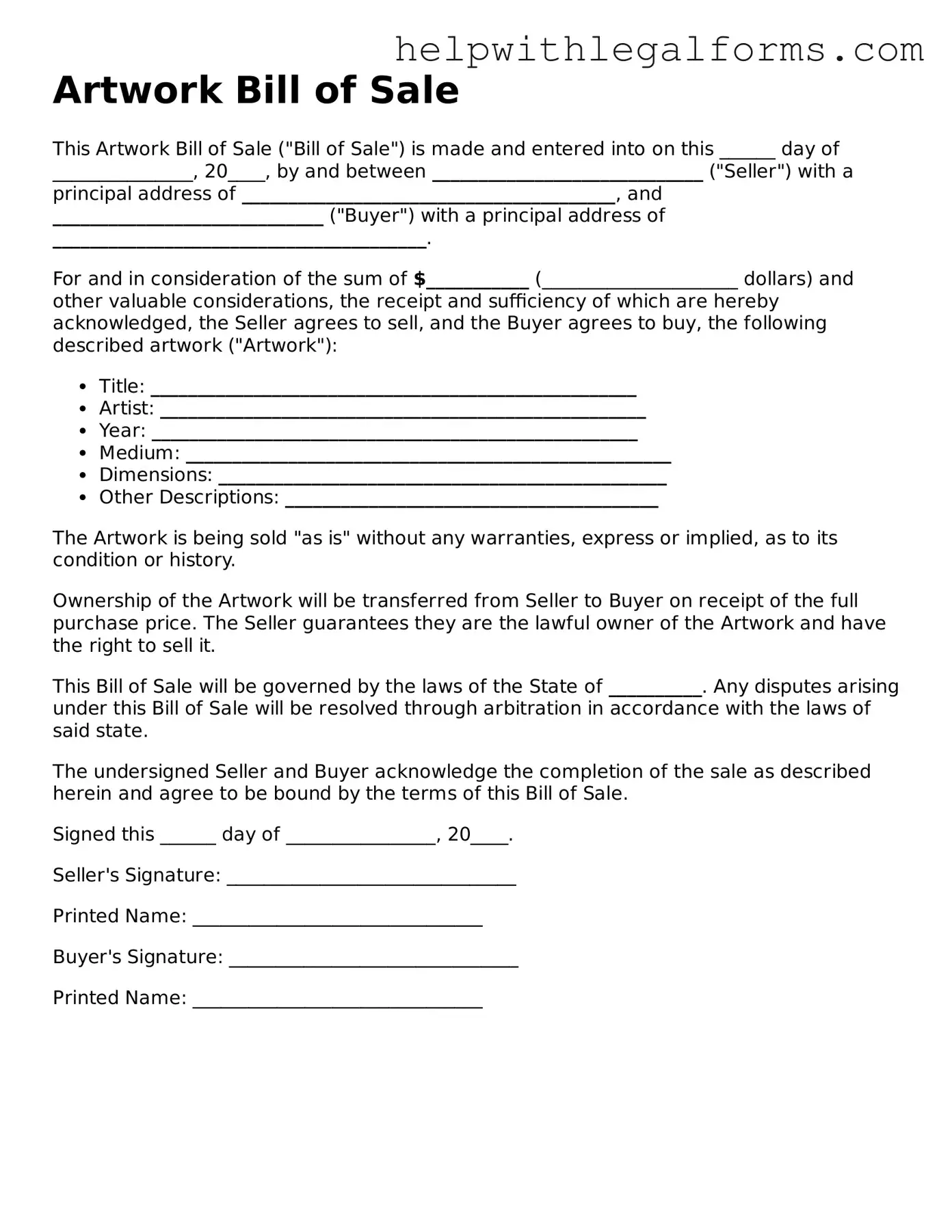 Legal Artwork Bill of Sale Form