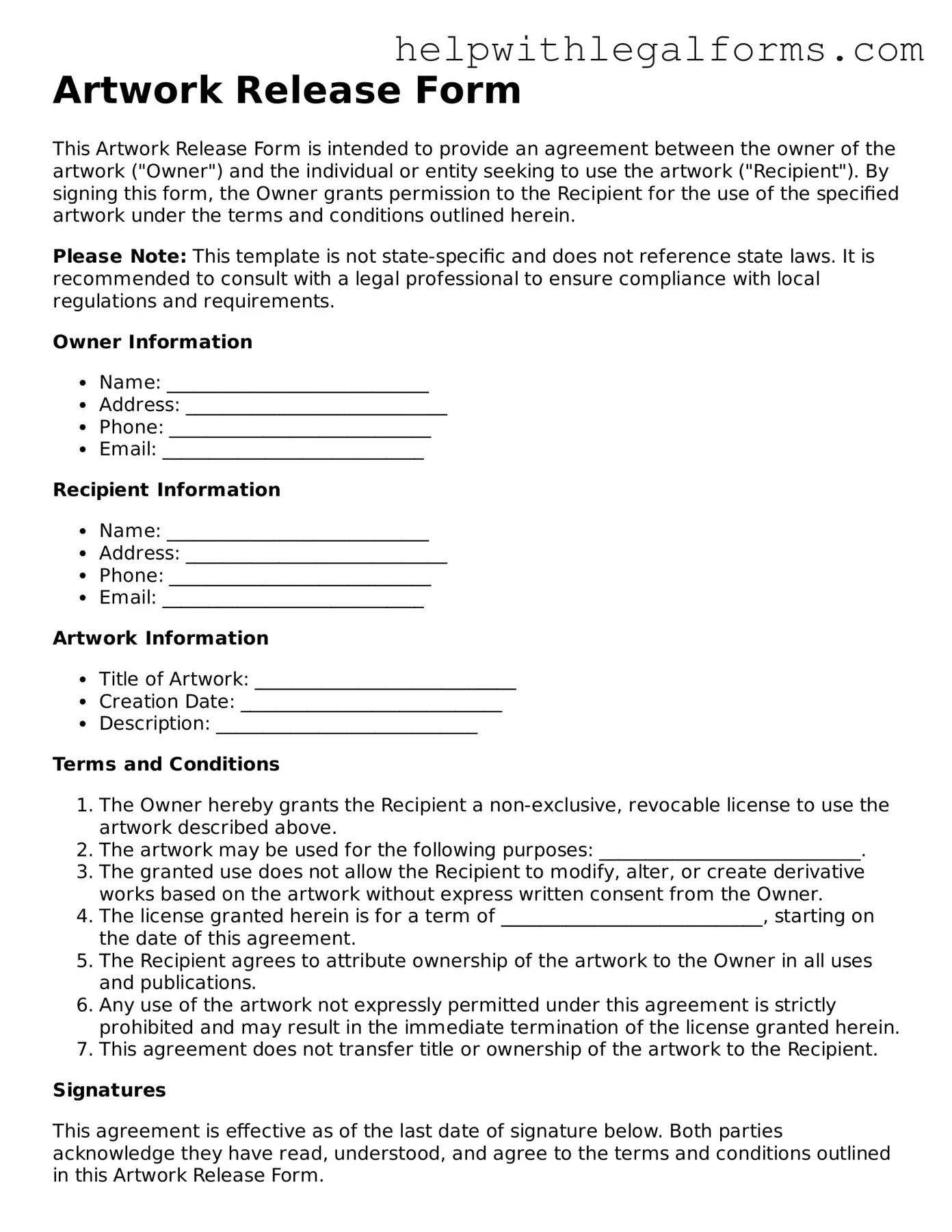 Legal Artwork Release Form
