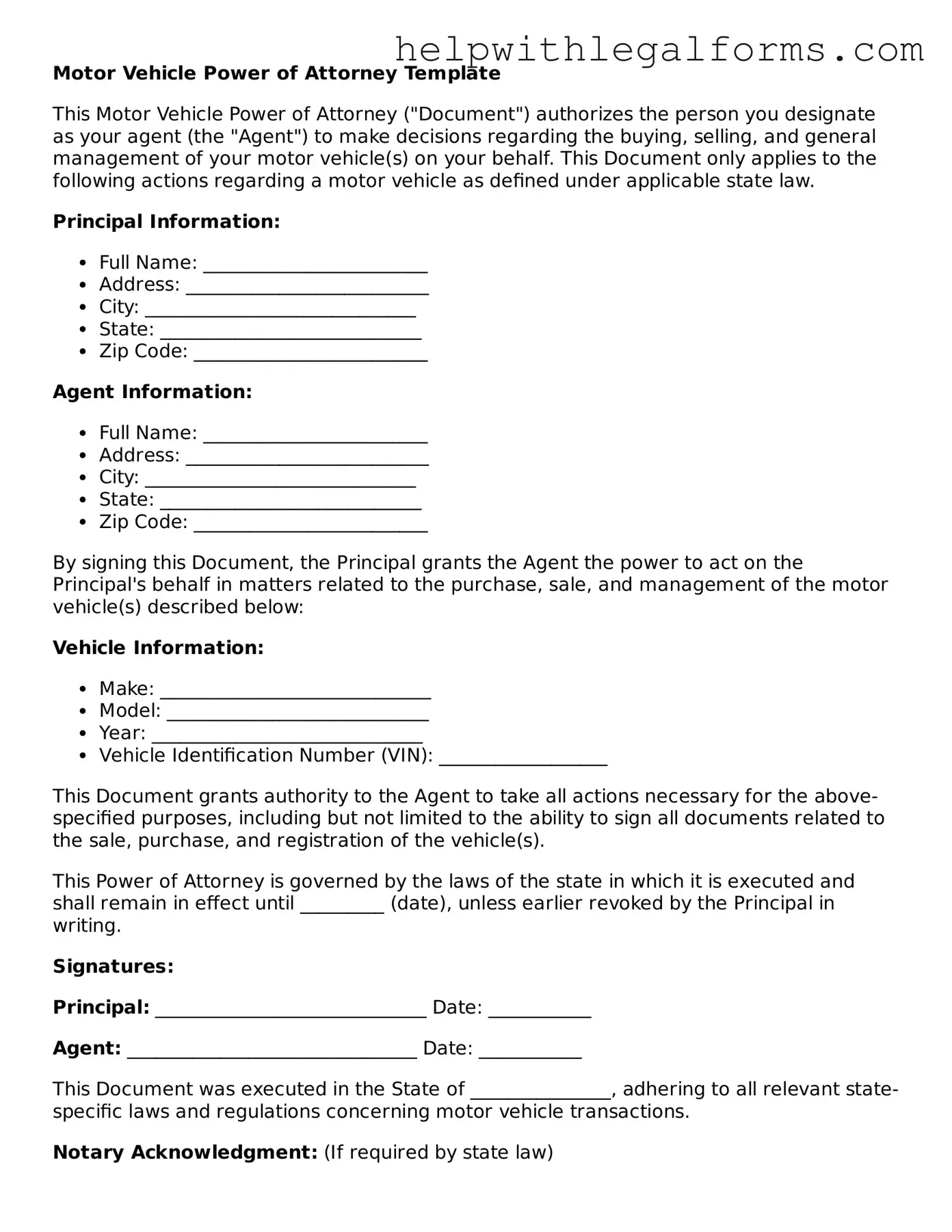Legal Motor Vehicle Power of Attorney Form