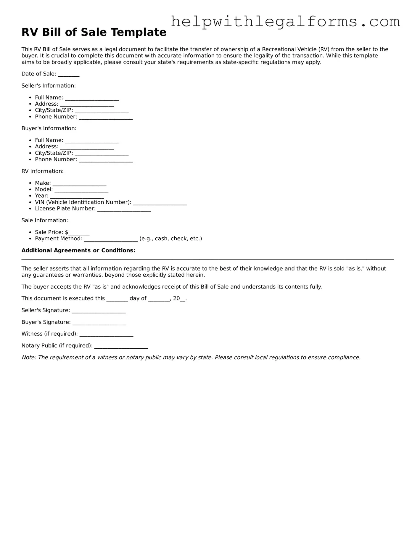Legal RV Bill of Sale Form