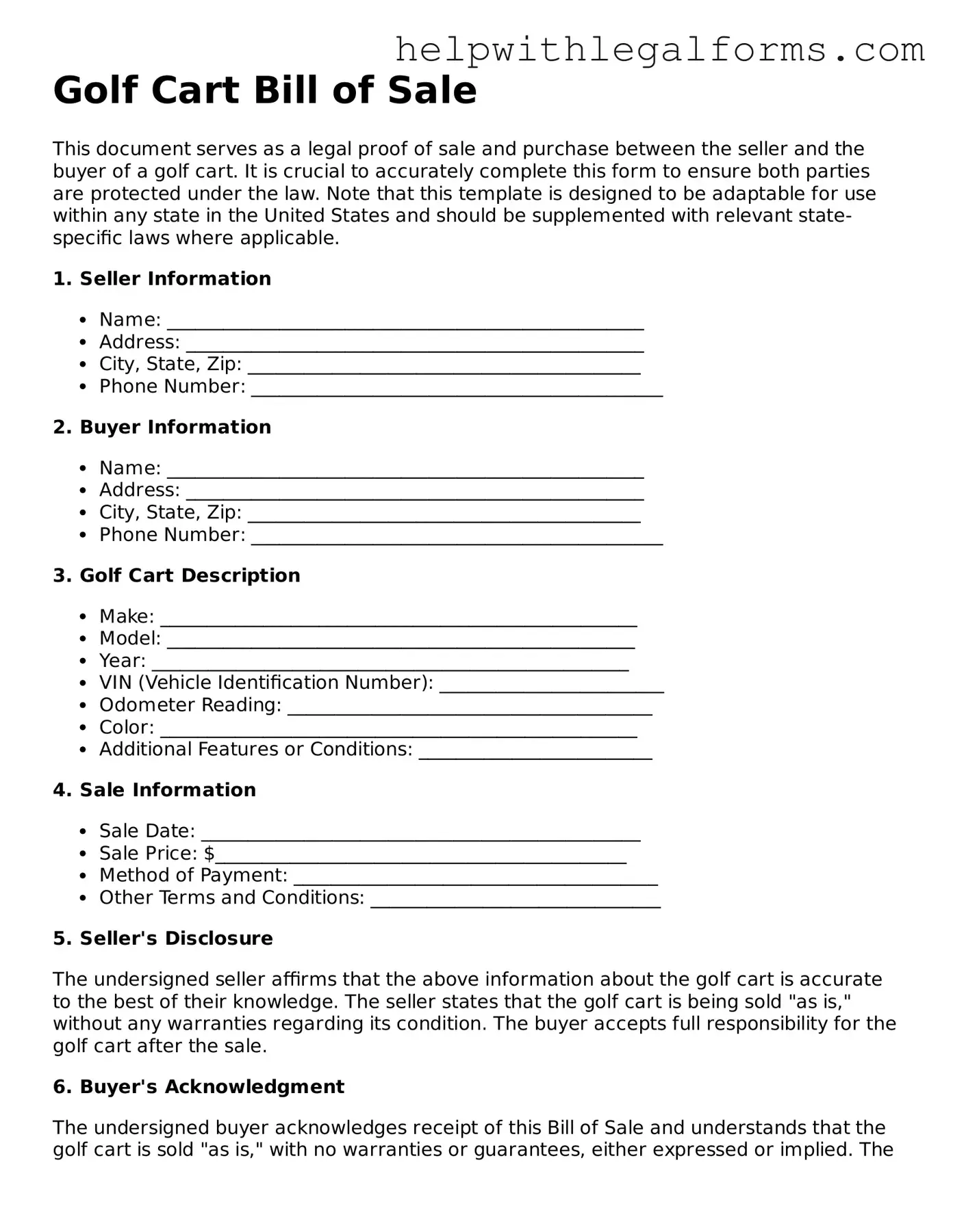 Legal Golf Cart Bill of Sale Form
