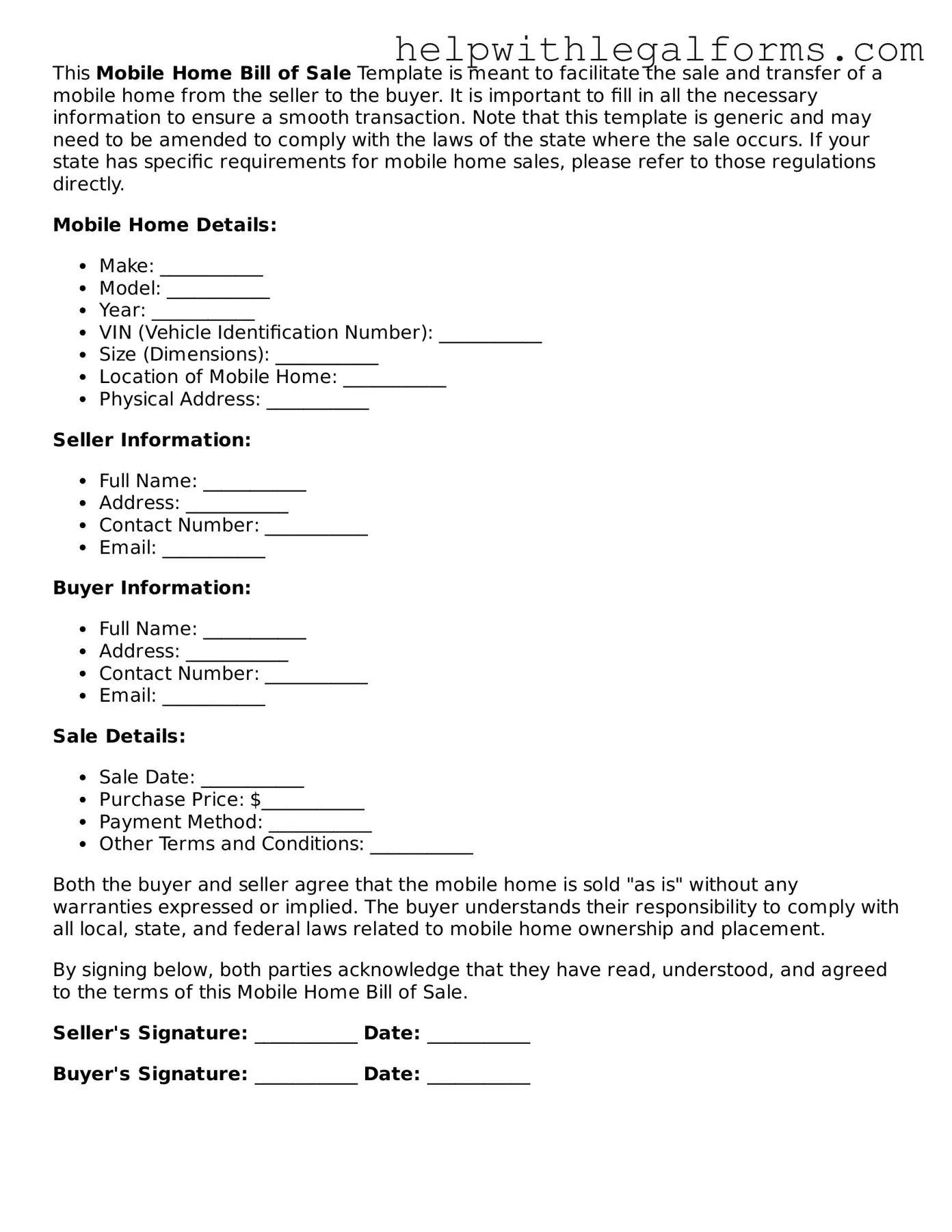 Legal Mobile Home Bill of Sale Form