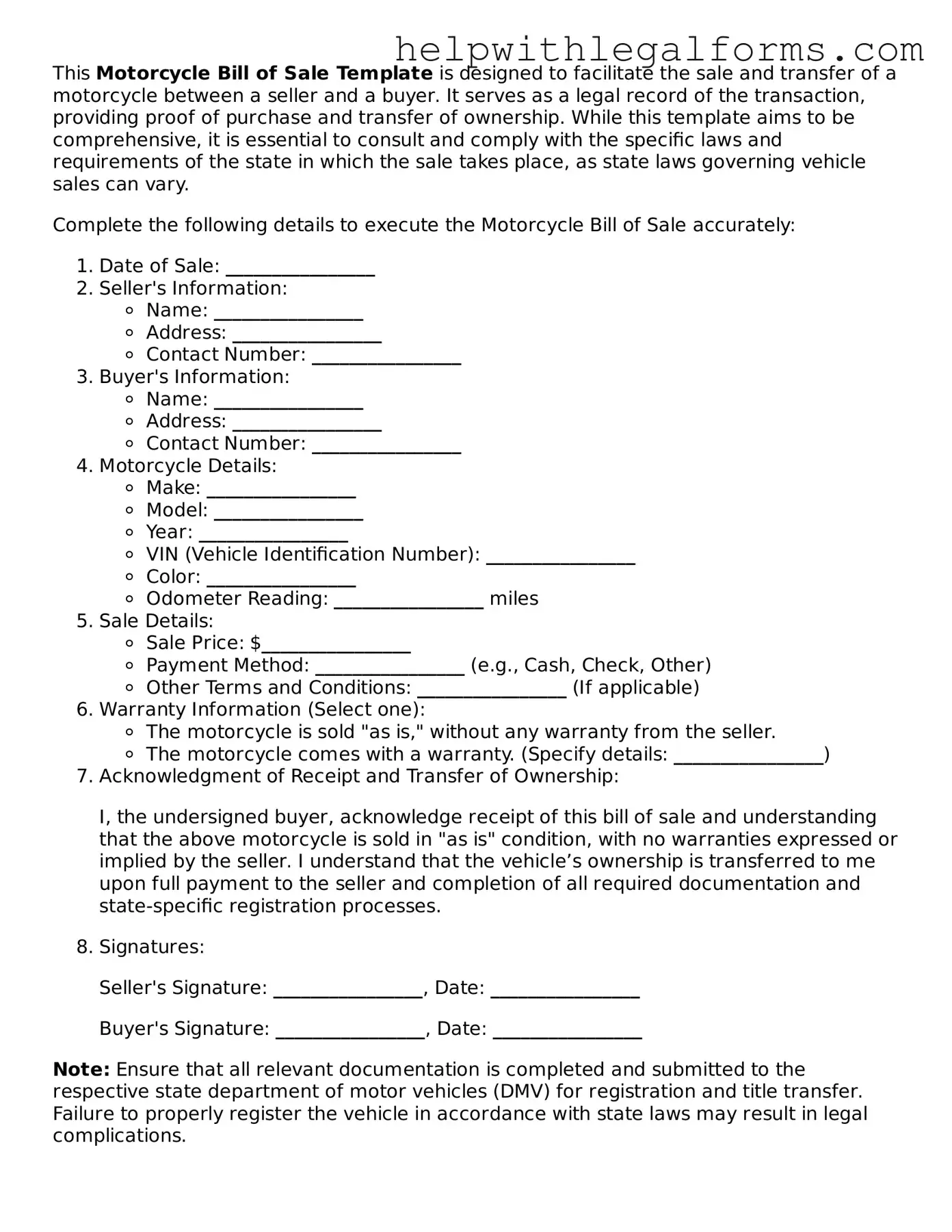 Legal Motorcycle Bill of Sale Form