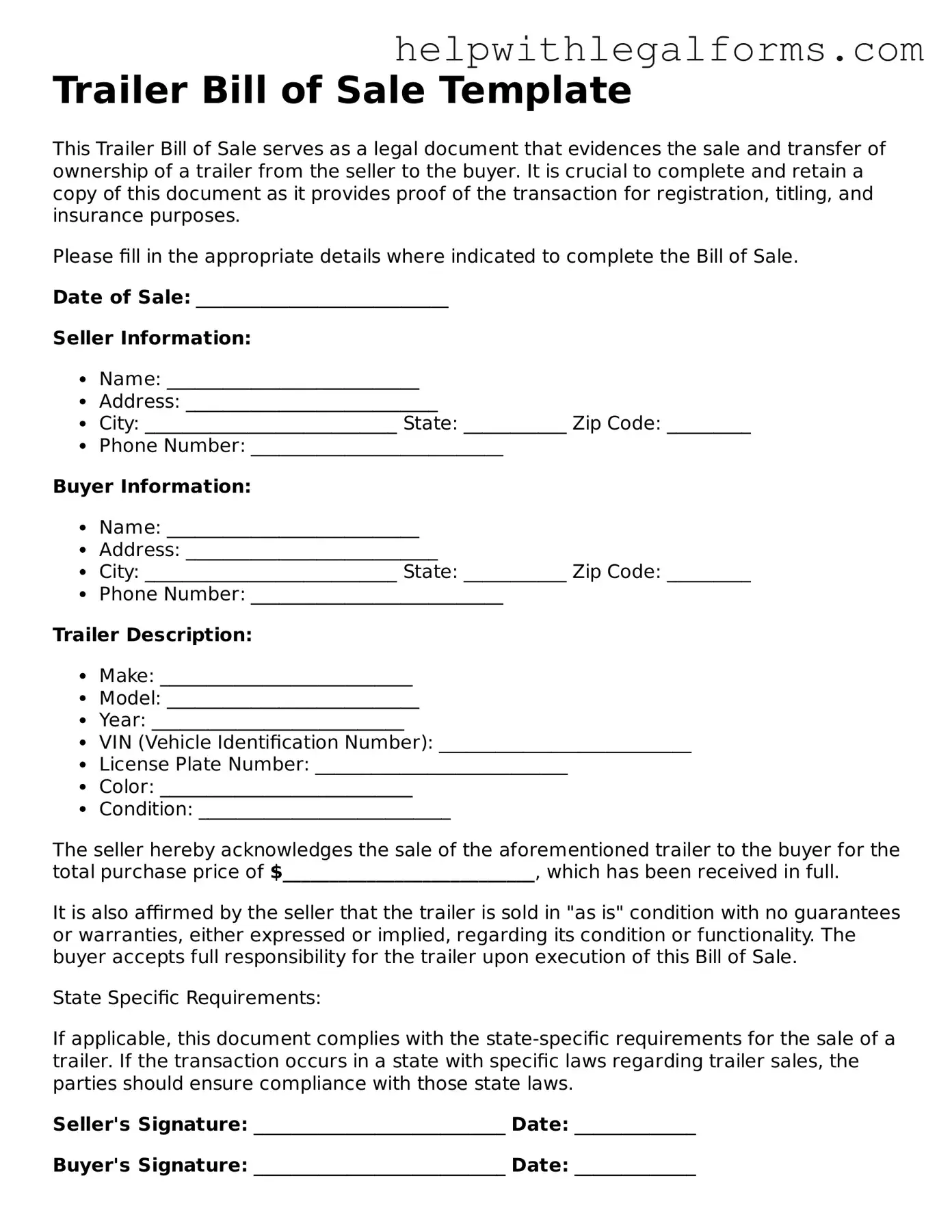 Legal Trailer Bill of Sale Form