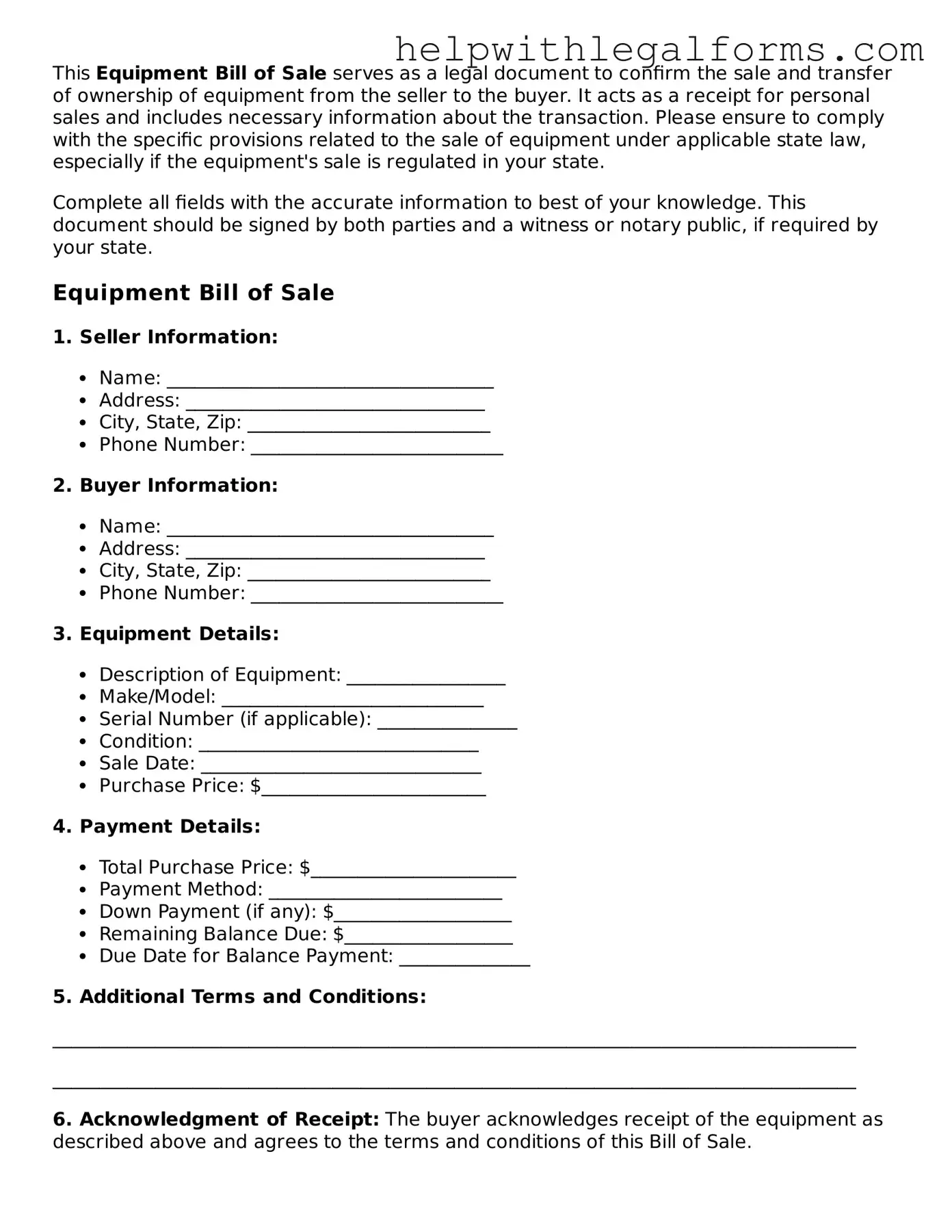 Legal Equipment Bill of Sale Form