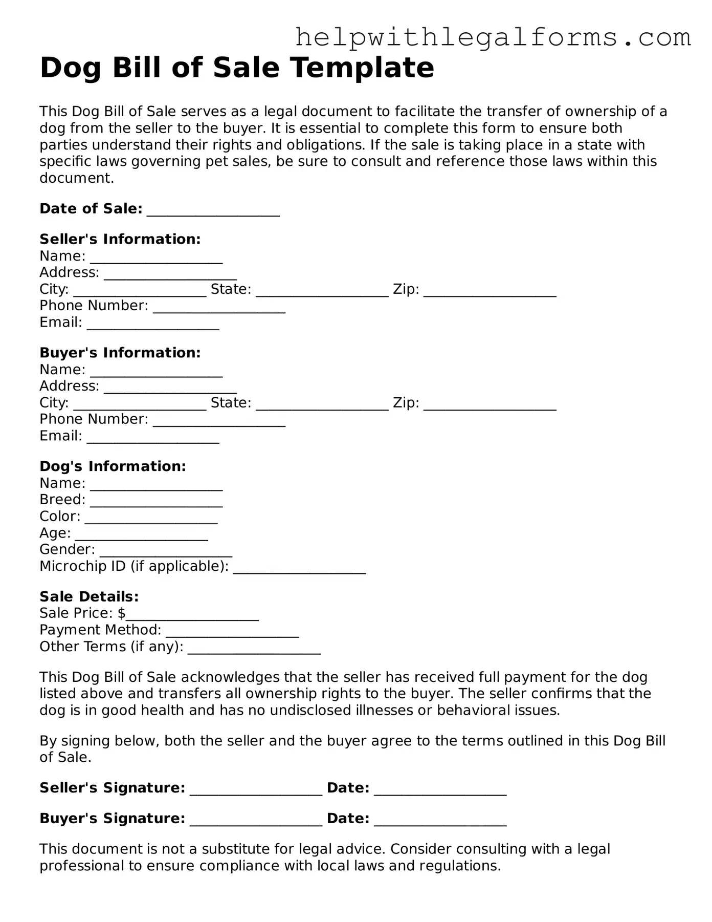 Legal Dog Bill of Sale Form