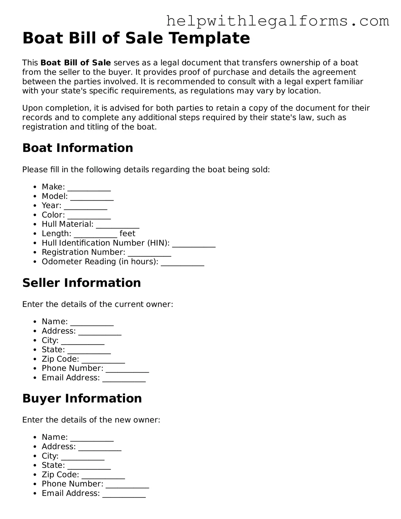 Legal Boat Bill of Sale Form