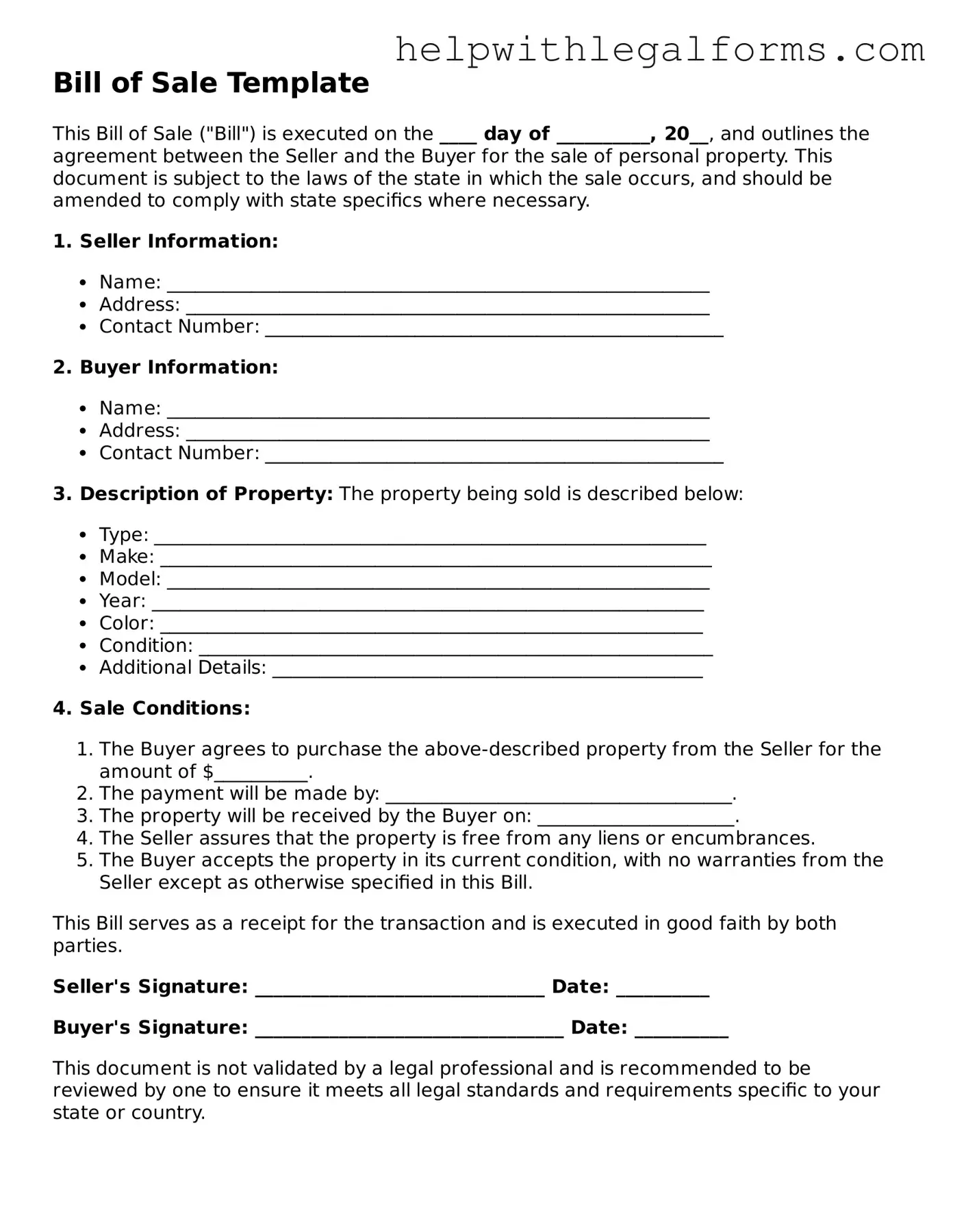 Legal Bill of Sale Form