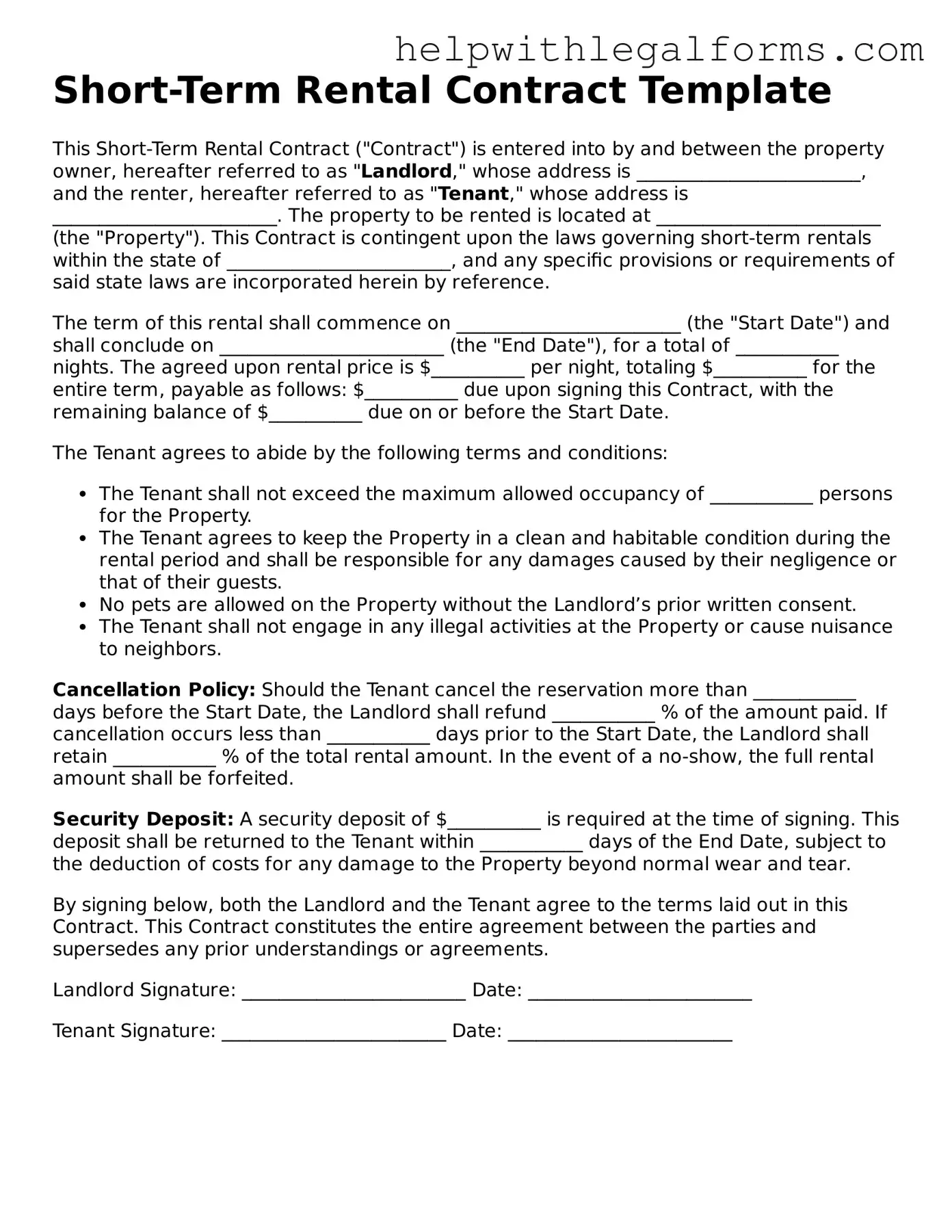 Legal Short-Term Rental Contract Form