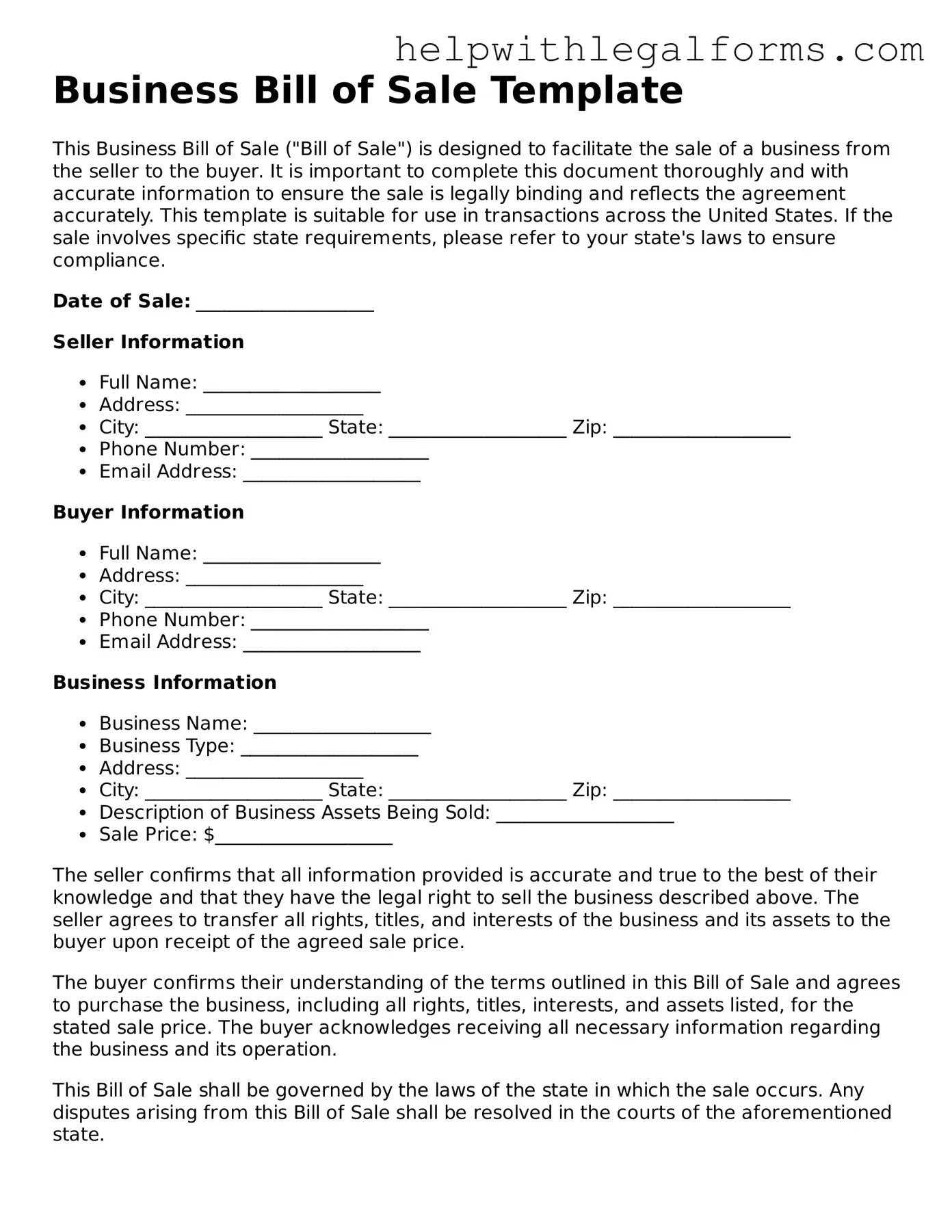 Legal Business Bill of Sale Form