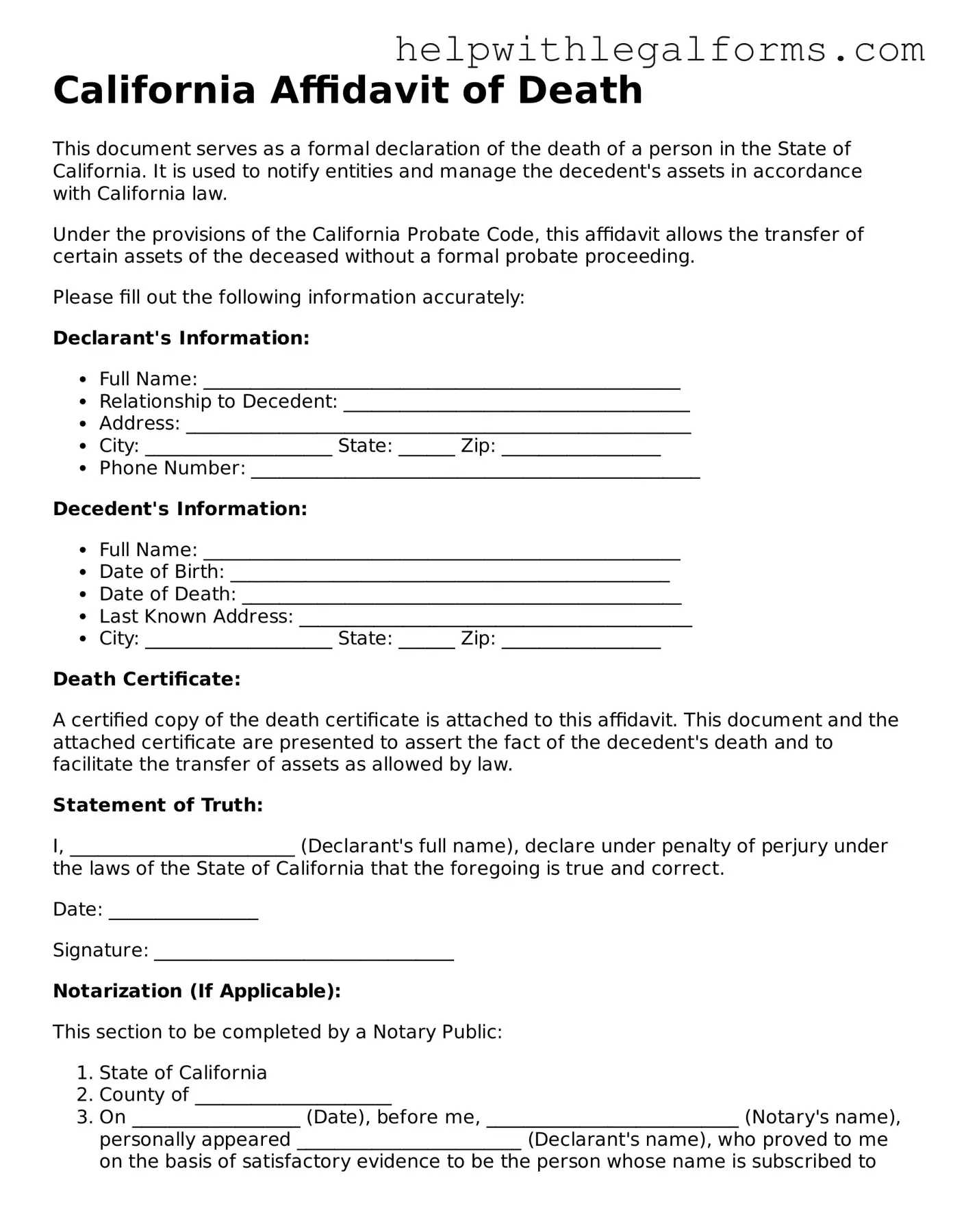 Blank  Affidavit of Death Form for California