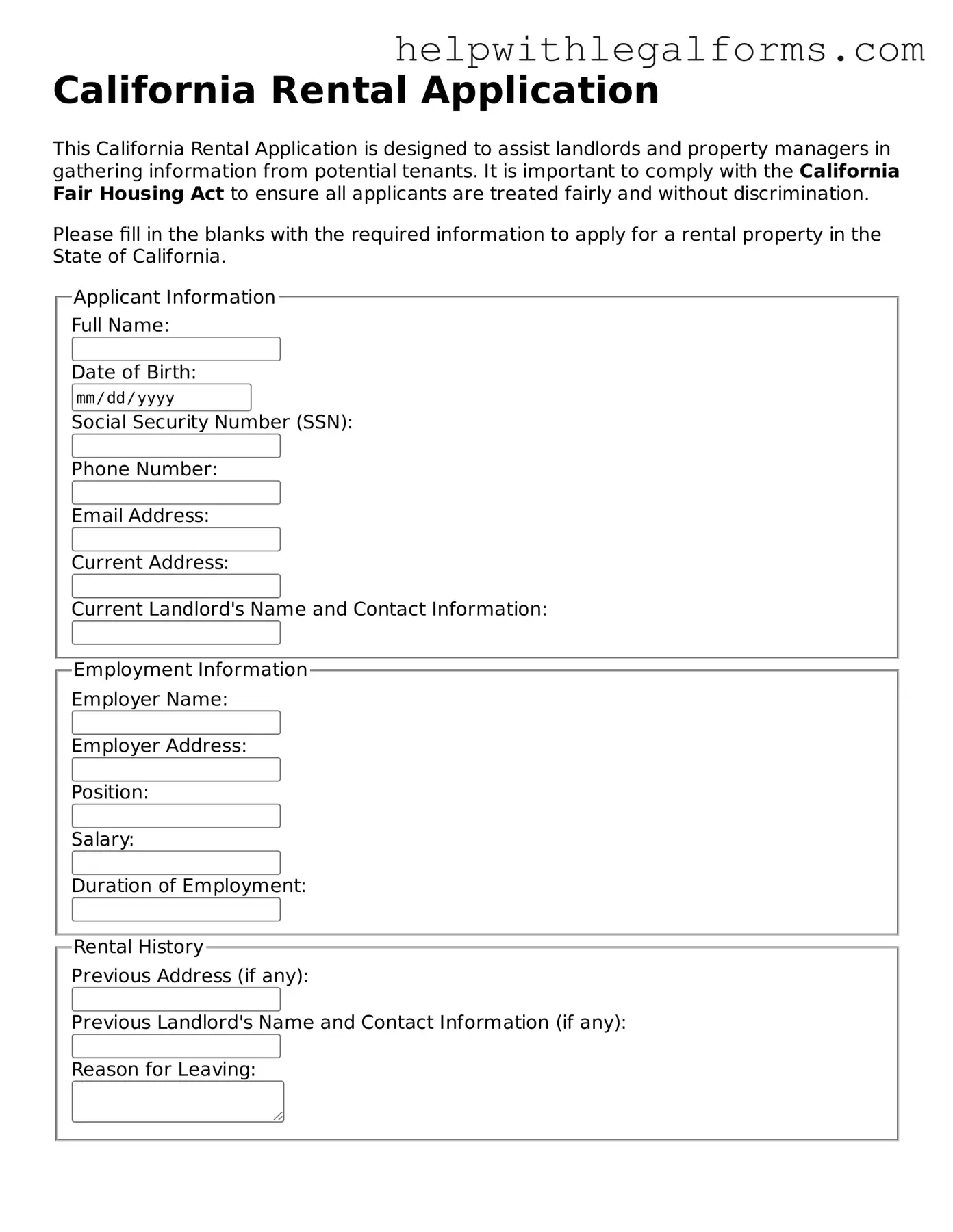 Blank  Rental Application Form for California