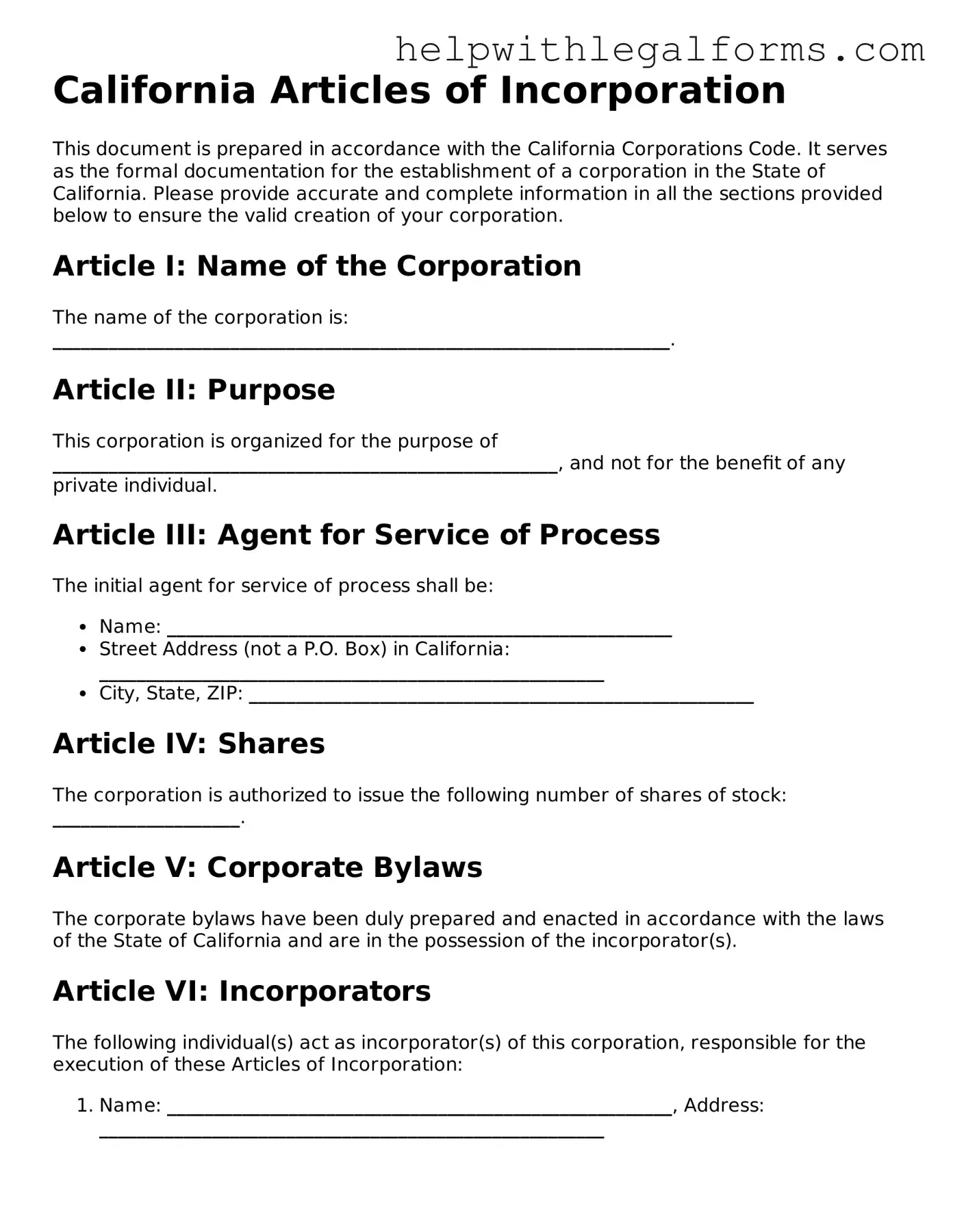 Blank  Articles of Incorporation Form for California