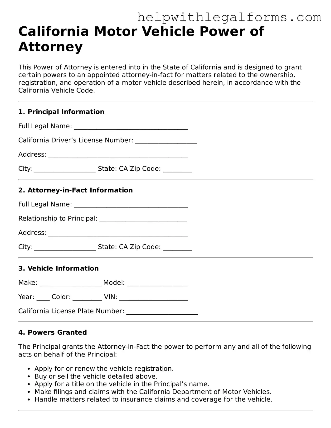 Blank  Motor Vehicle Power of Attorney Form for California