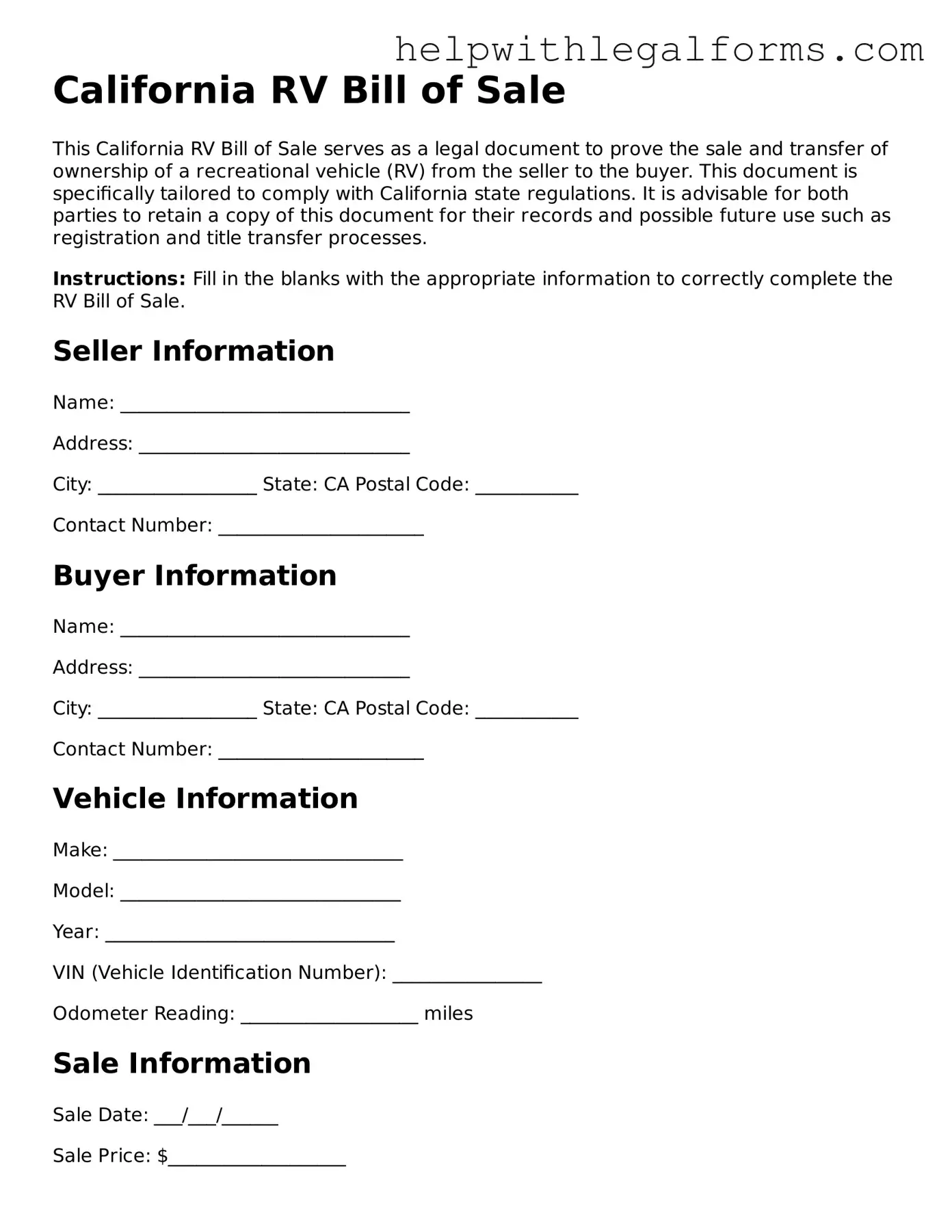 Blank  RV Bill of Sale Form for California