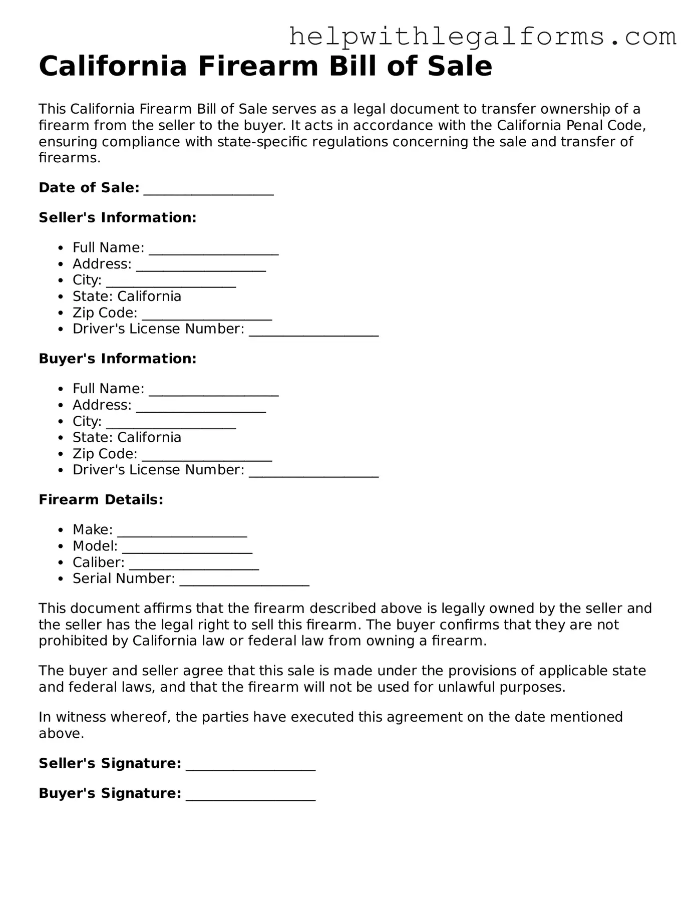Blank  Firearm Bill of Sale Form for California