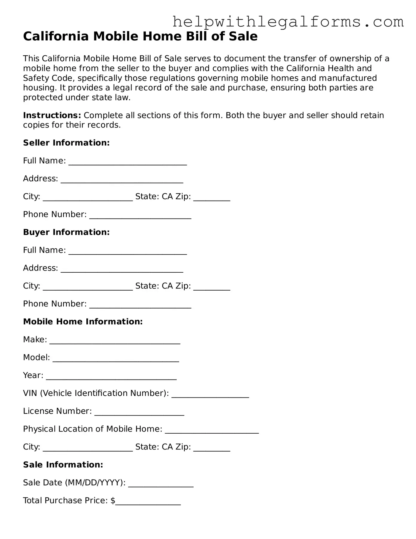Blank  Mobile Home Bill of Sale Form for California
