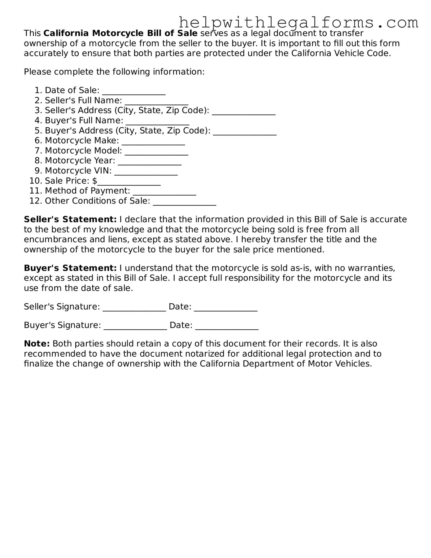 Blank  Motorcycle Bill of Sale Form for California
