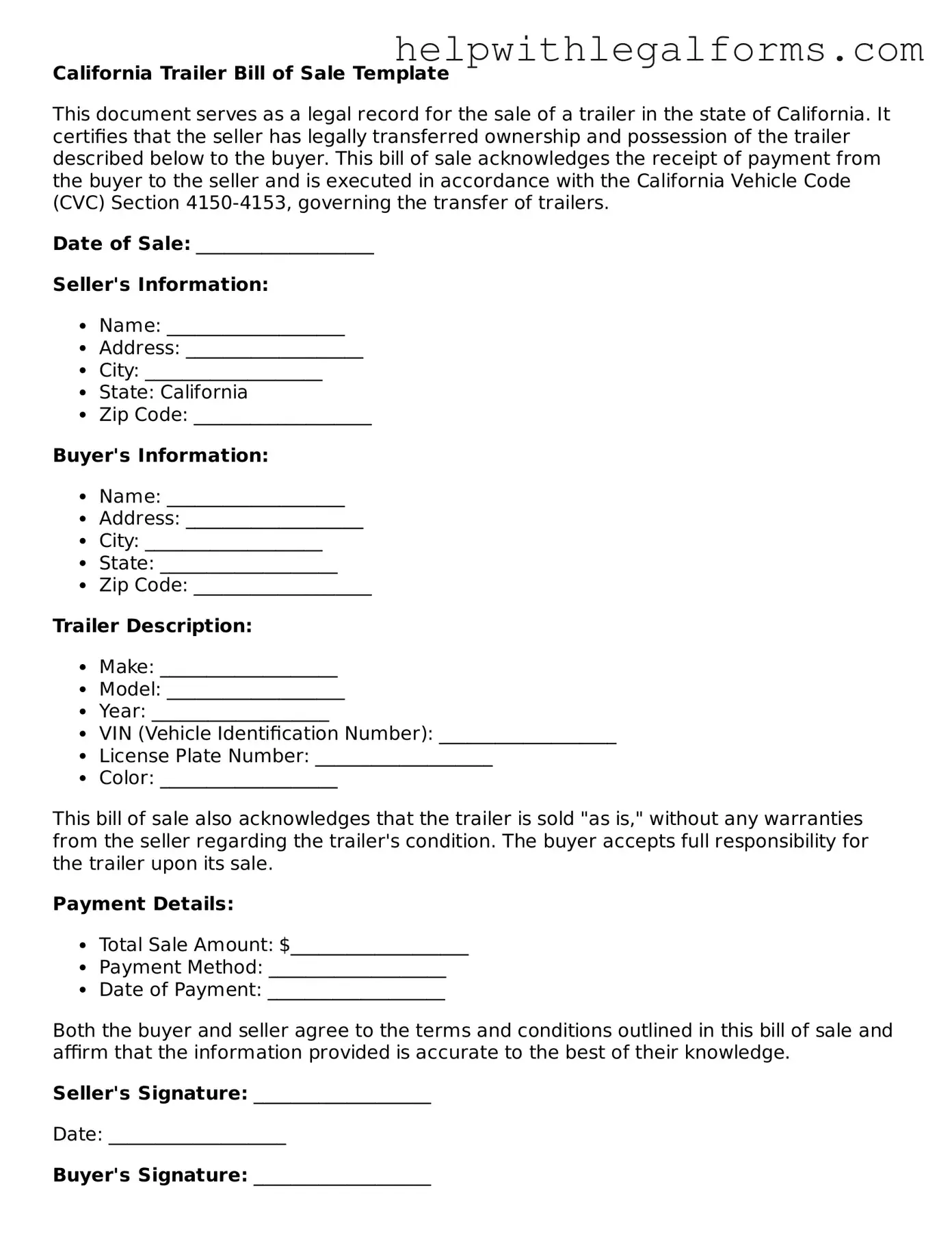 Blank  Trailer Bill of Sale Form for California