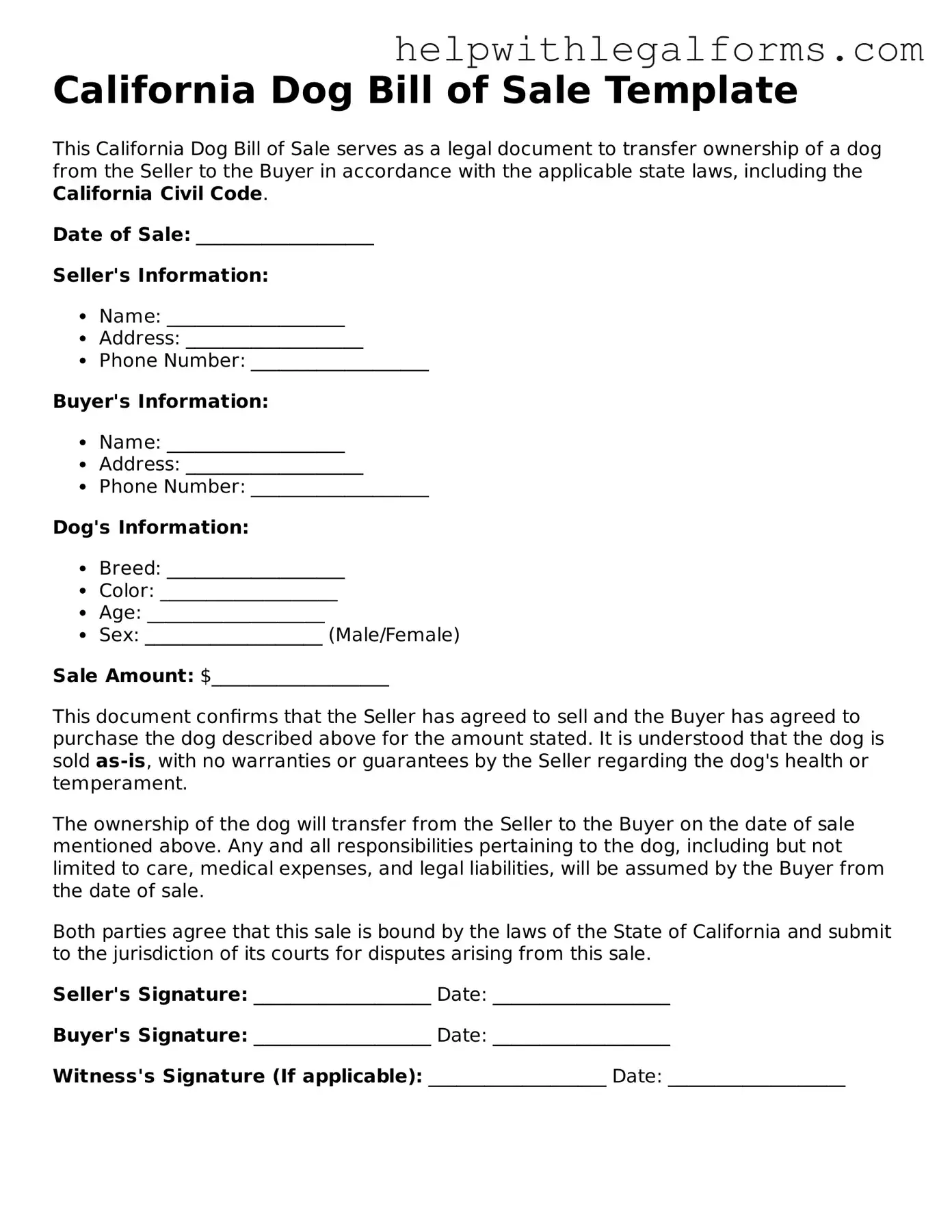 Blank  Dog Bill of Sale Form for California