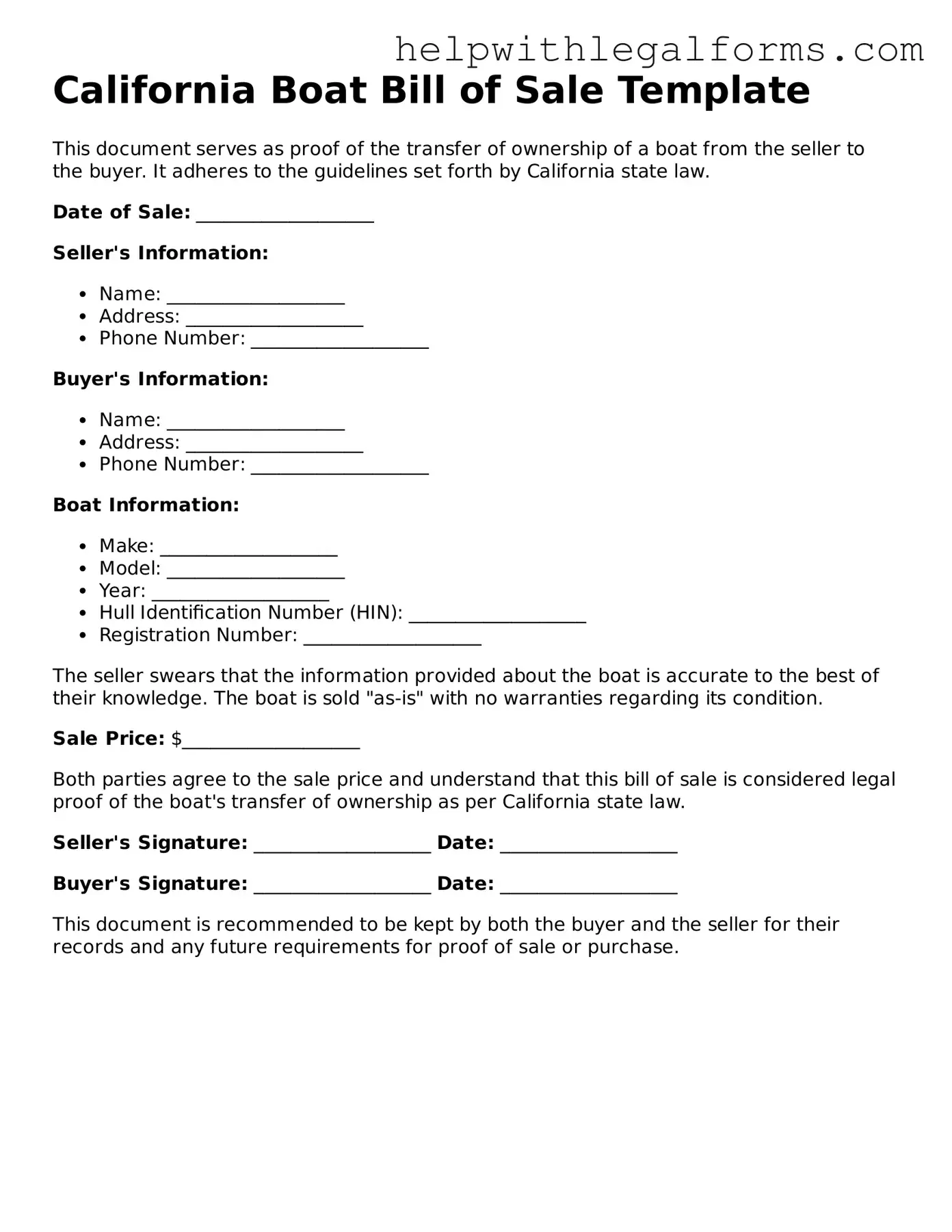 Blank  Boat Bill of Sale Form for California