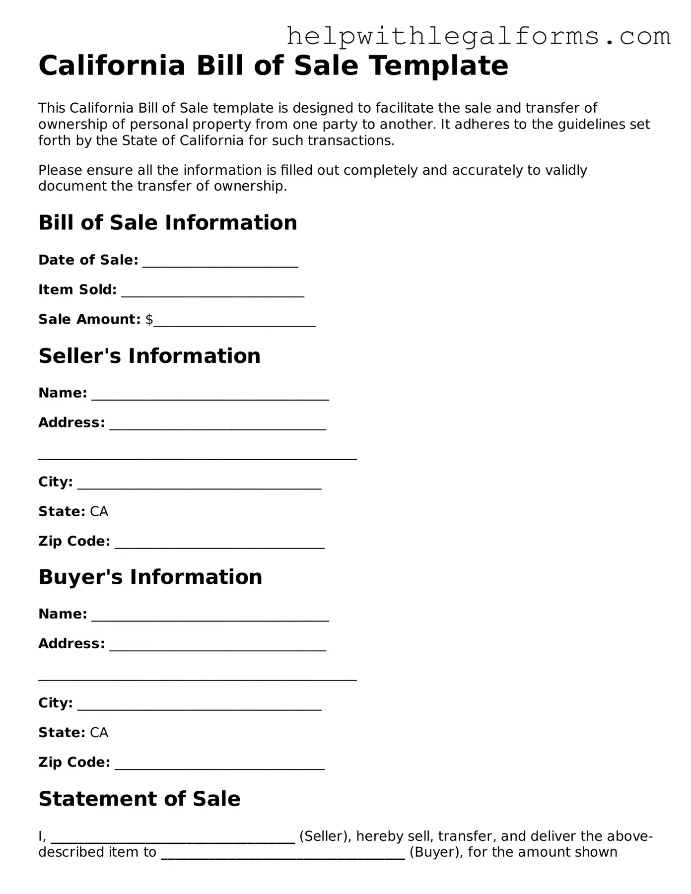 Blank  Bill of Sale Form for California