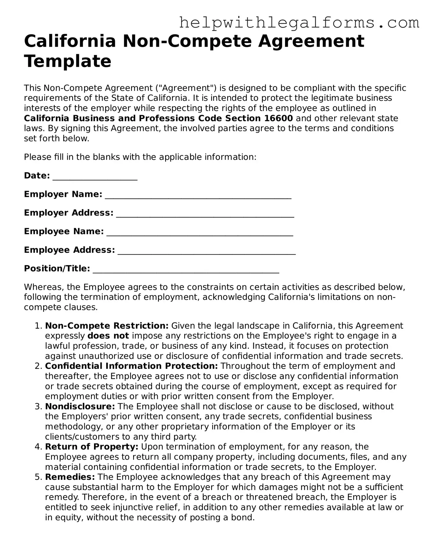 Blank  Non-compete Agreement Form for California