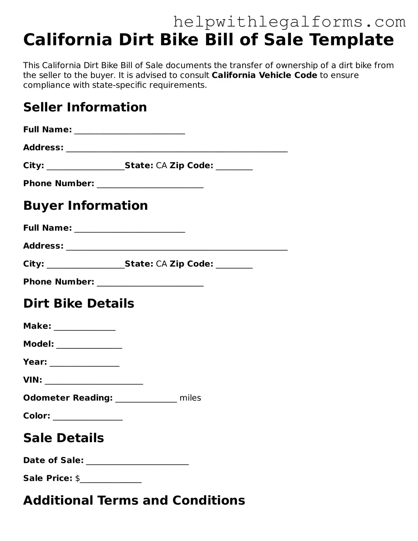 Blank  Dirt Bike Bill of Sale Form for California