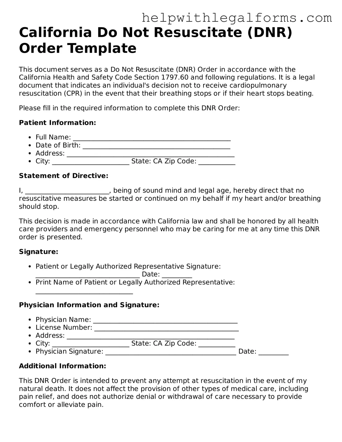 Blank  Do Not Resuscitate Order Form for California