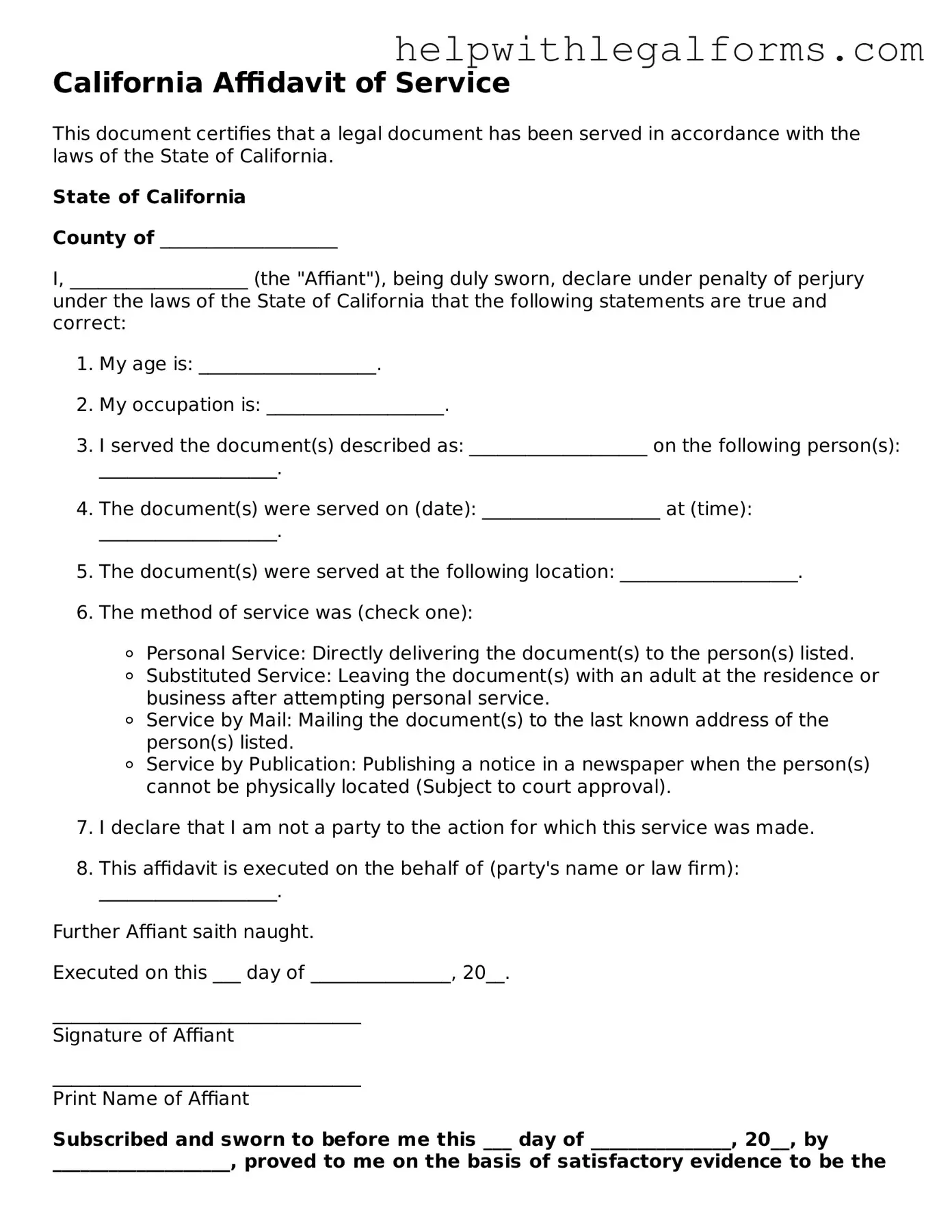 Blank  Affidavit of Service Form for California