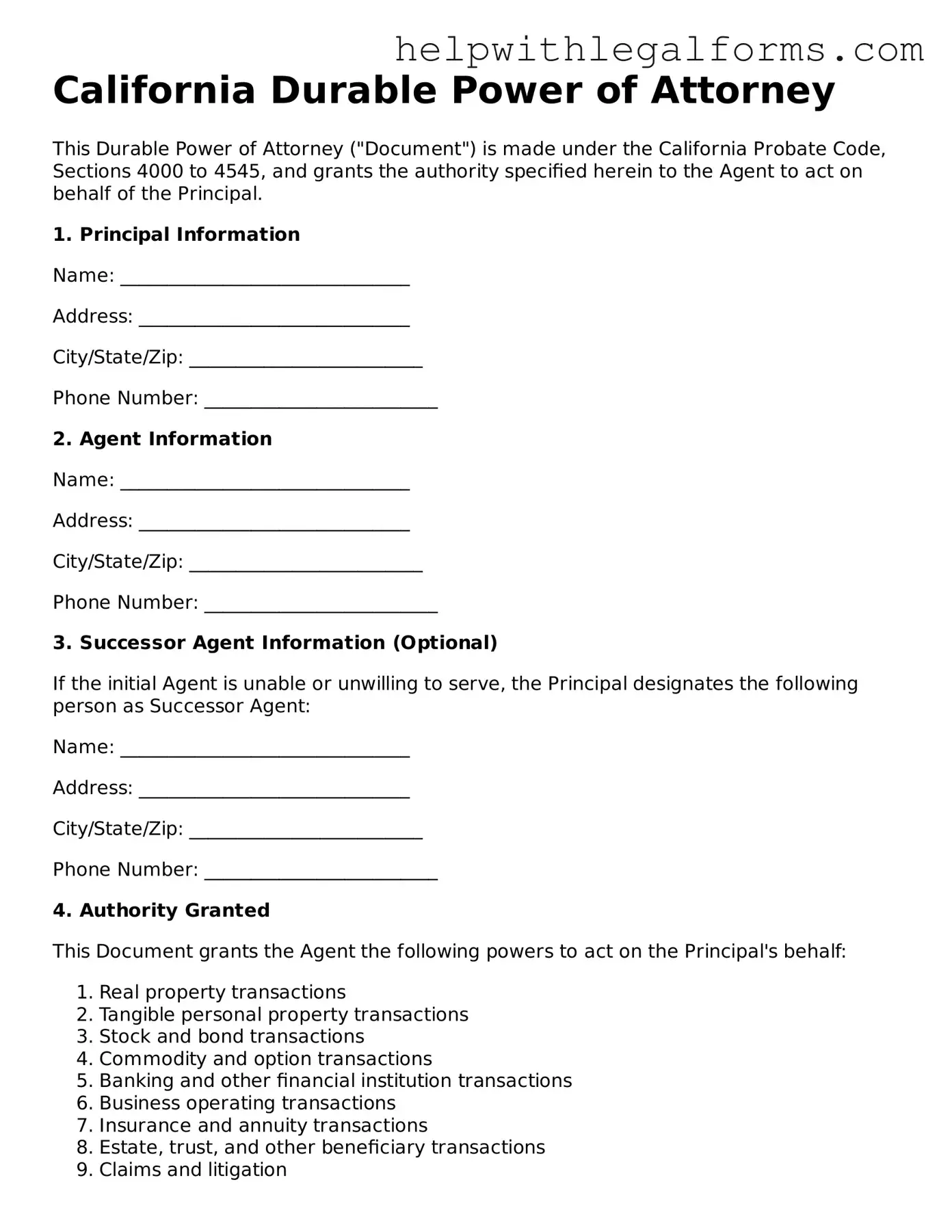 Blank  Durable Power of Attorney Form for California