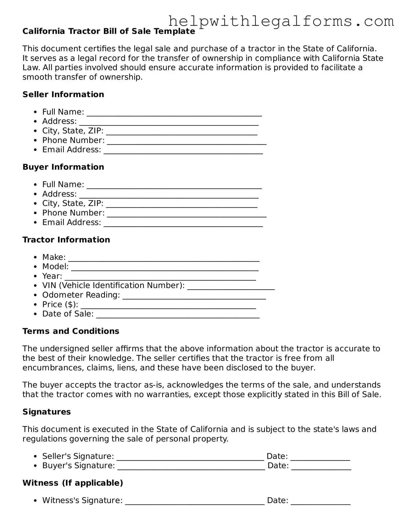 Blank  Tractor Bill of Sale Form for California