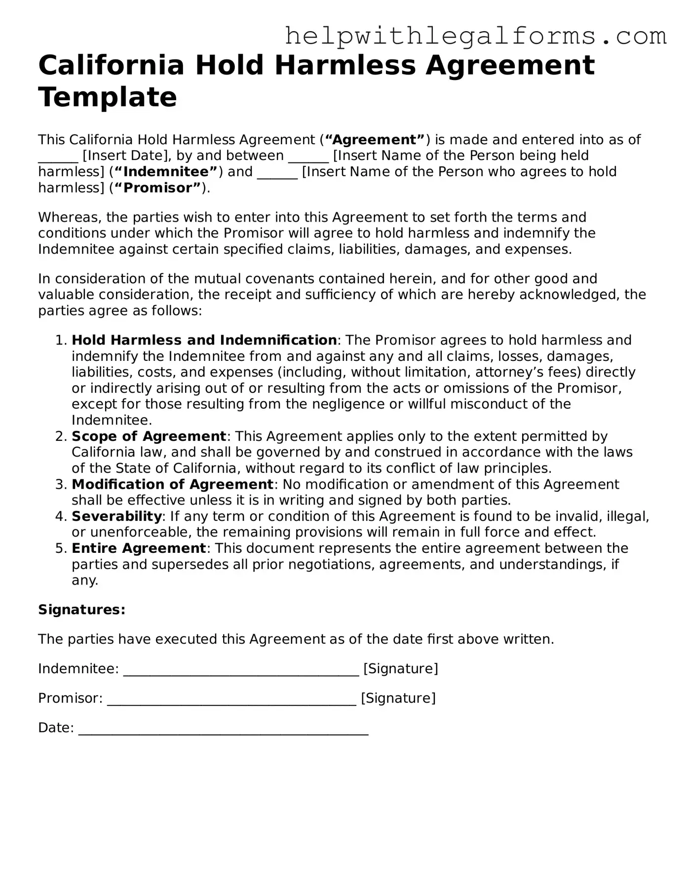 Blank  Hold Harmless Agreement Form for California
