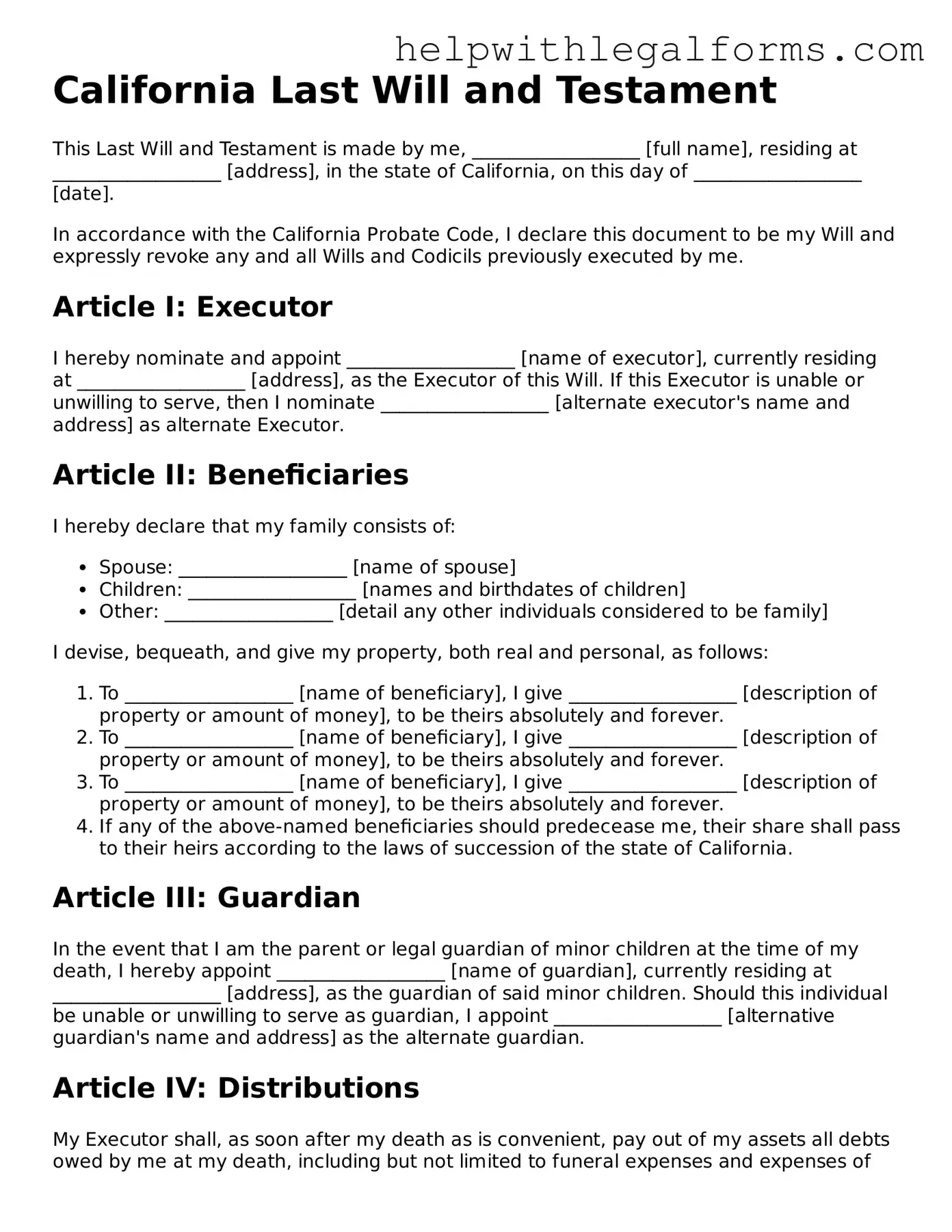 Blank  Last Will and Testament Form for California
