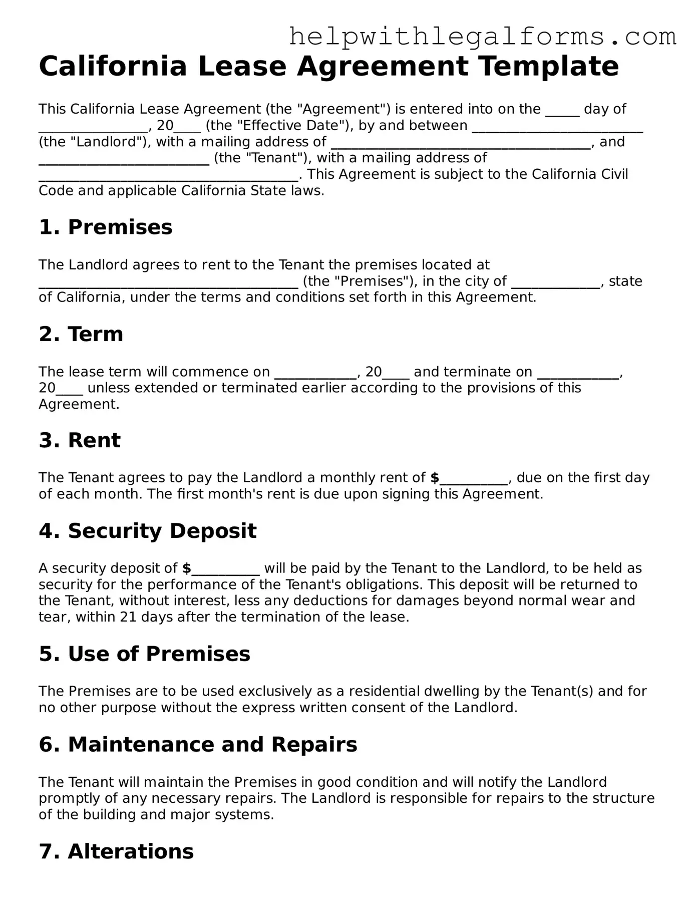 Blank  Lease Agreement Form for California