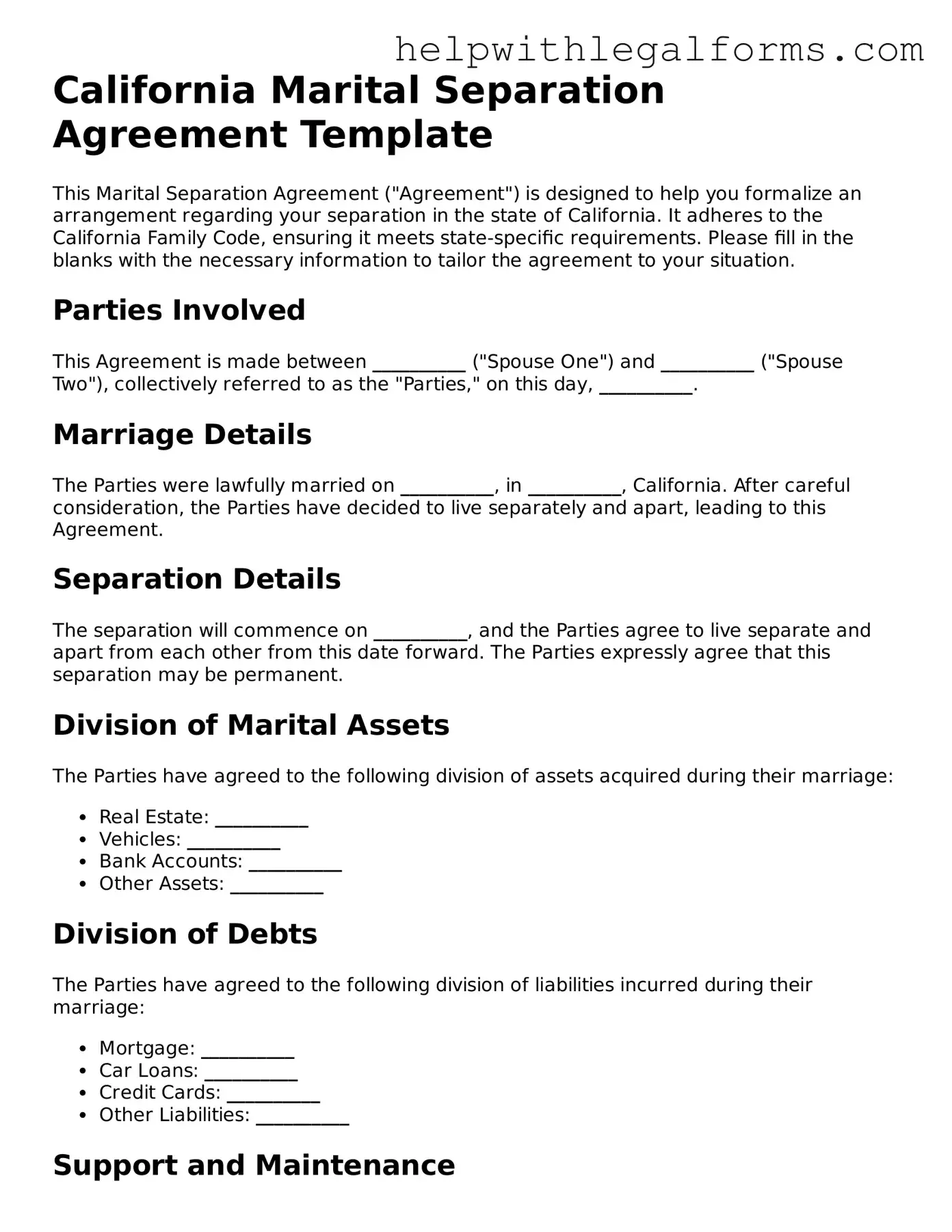 Blank  Marital Separation Agreement Form for California