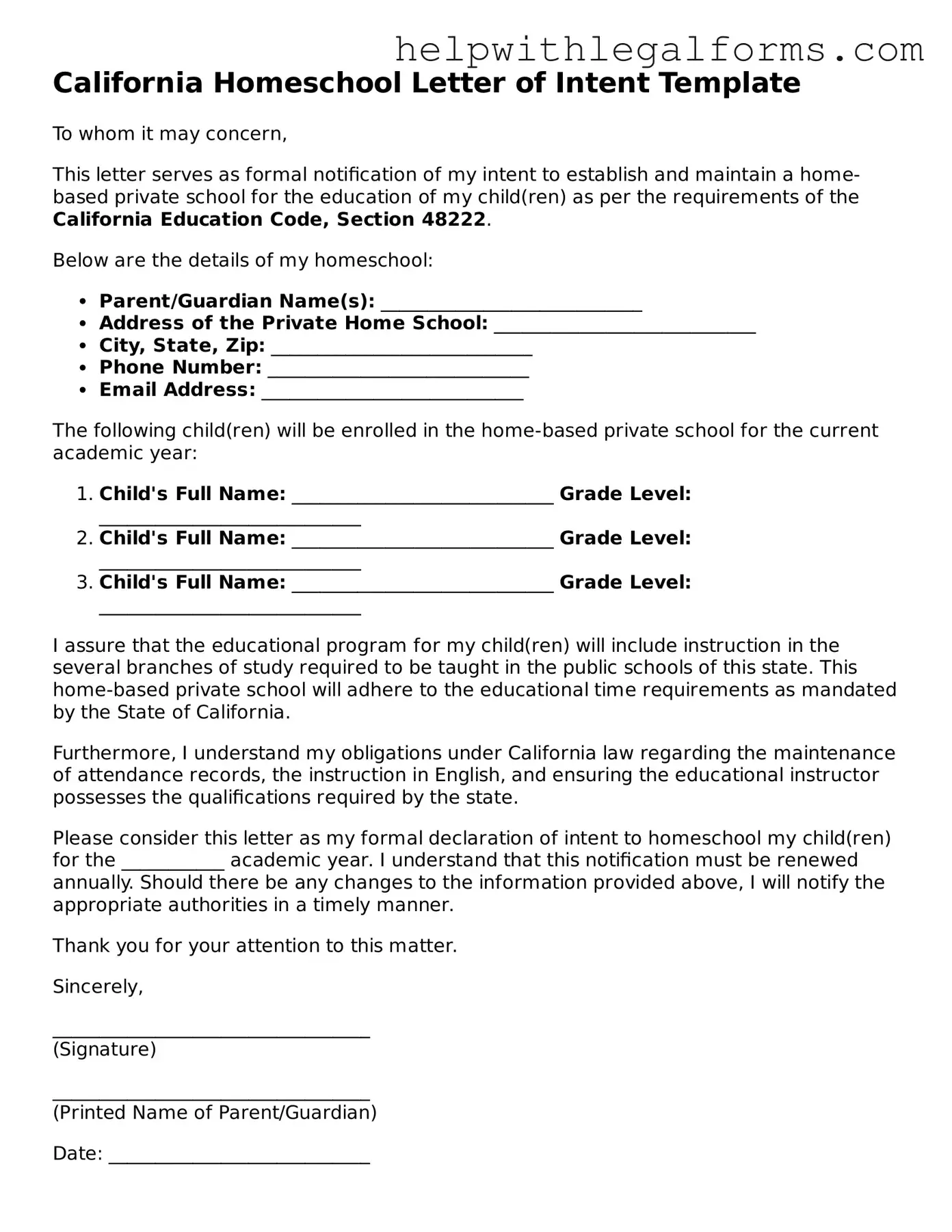 Blank  Homeschool Letter of Intent Form for California