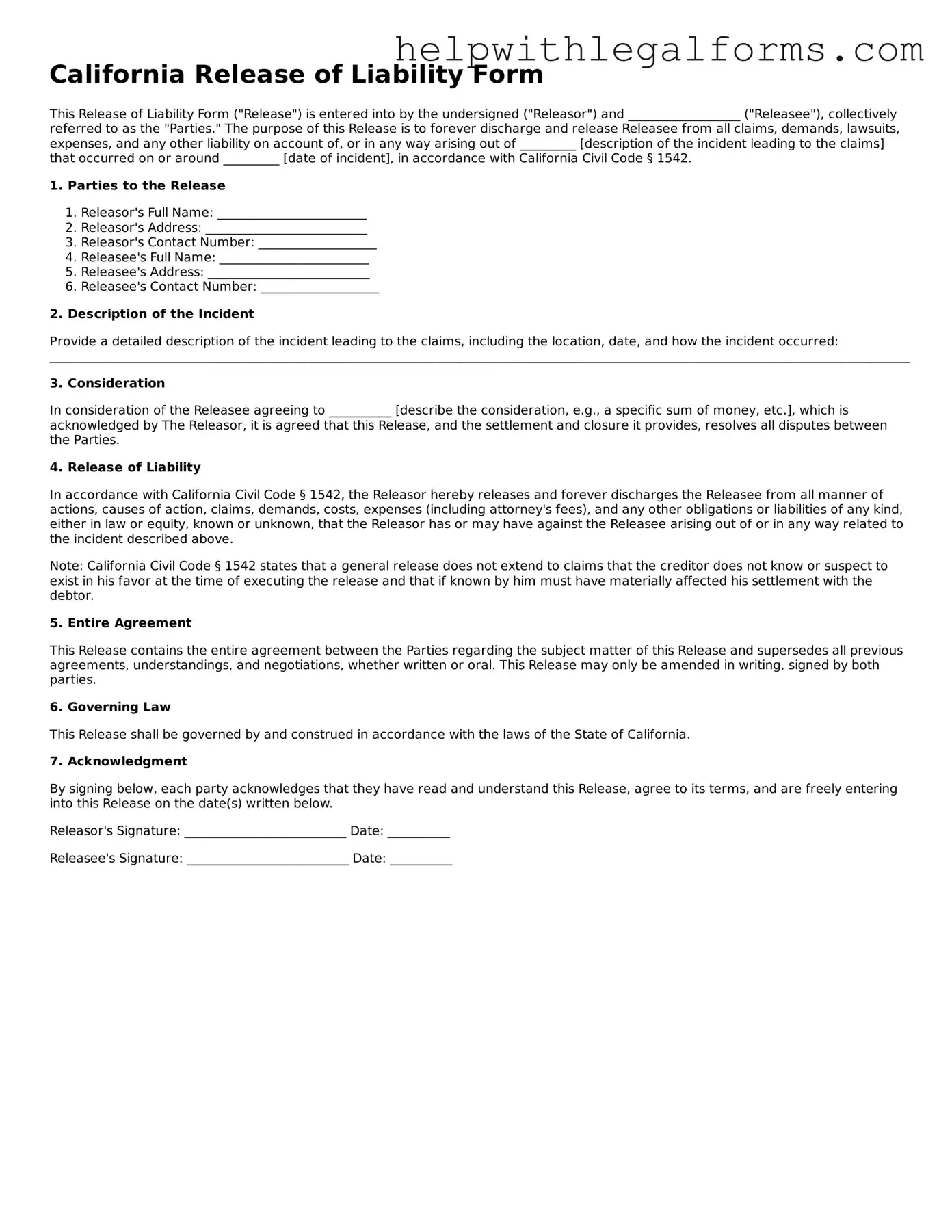Blank  Release of Liability Form for California