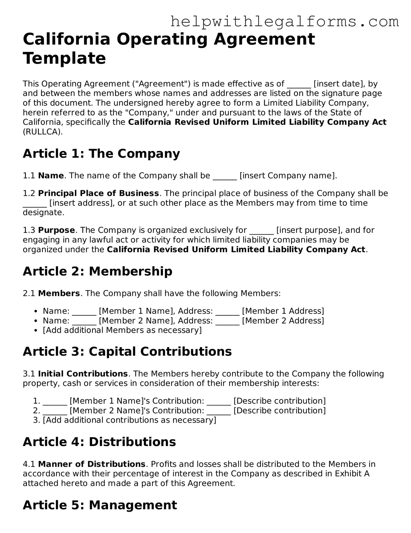 Blank  Operating Agreement Form for California