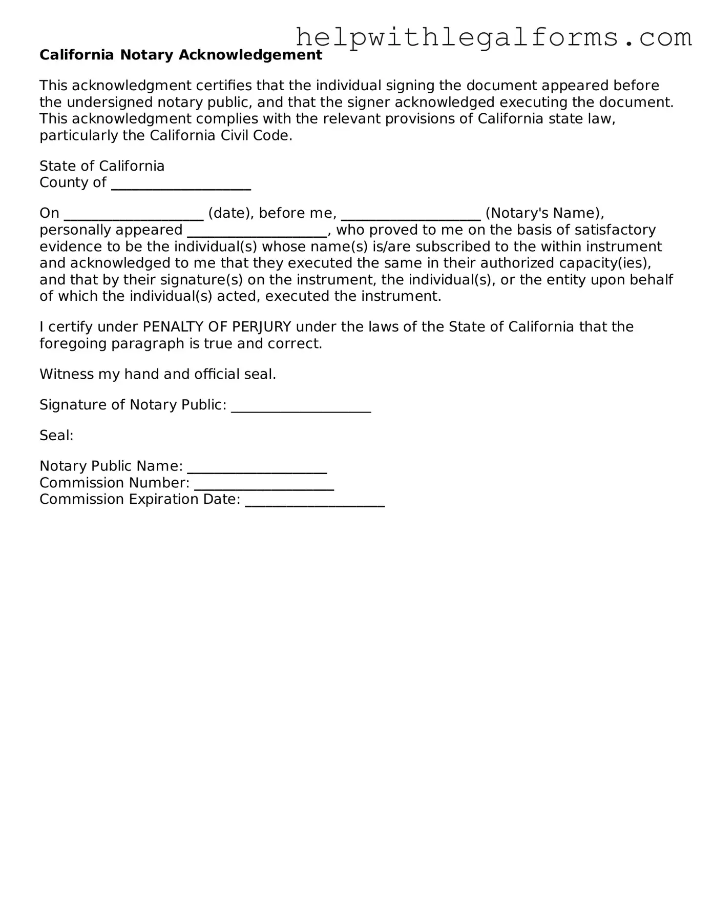 Blank  Notary Acknowledgement Form for California