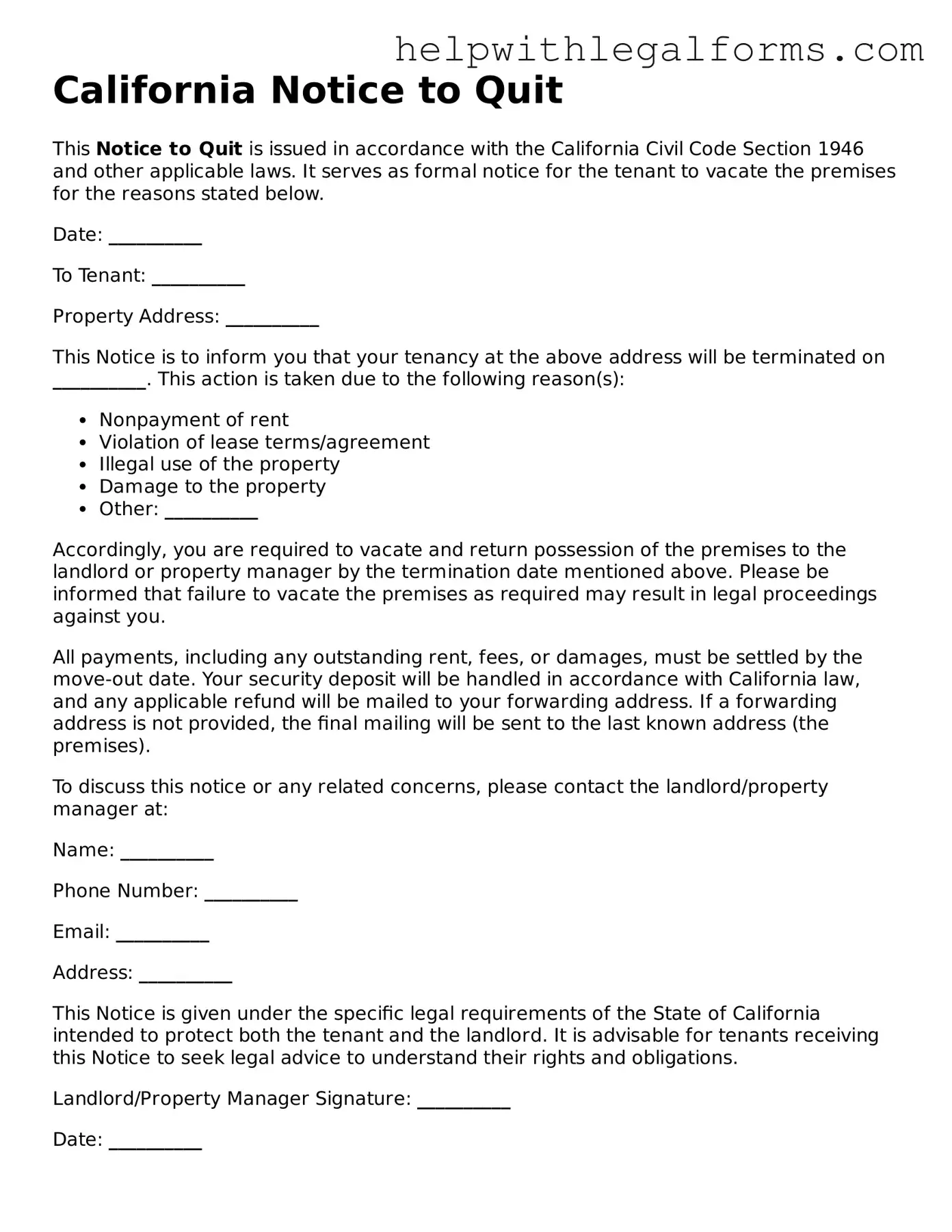 Blank  Notice to Quit Form for California