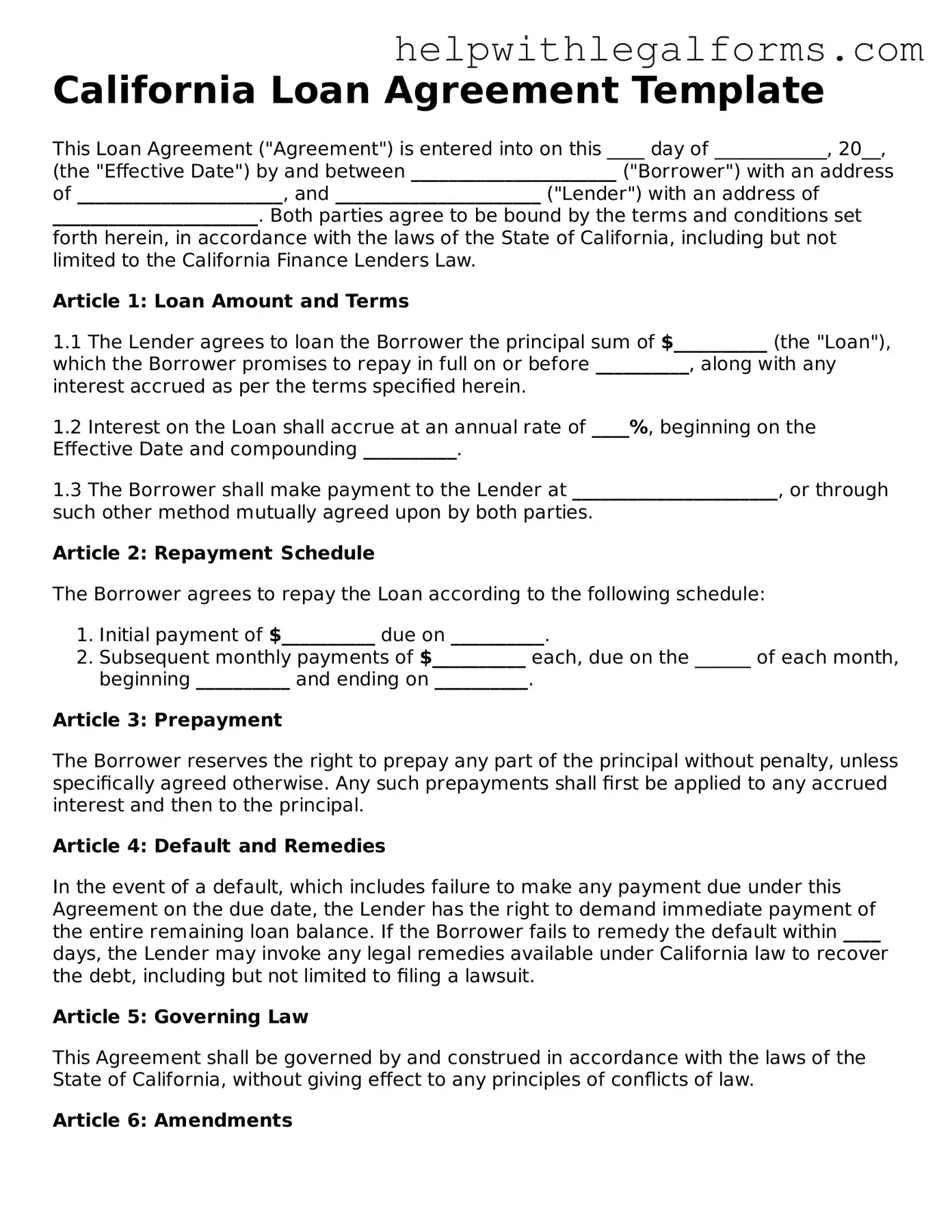 Blank  Loan Agreement Form for California