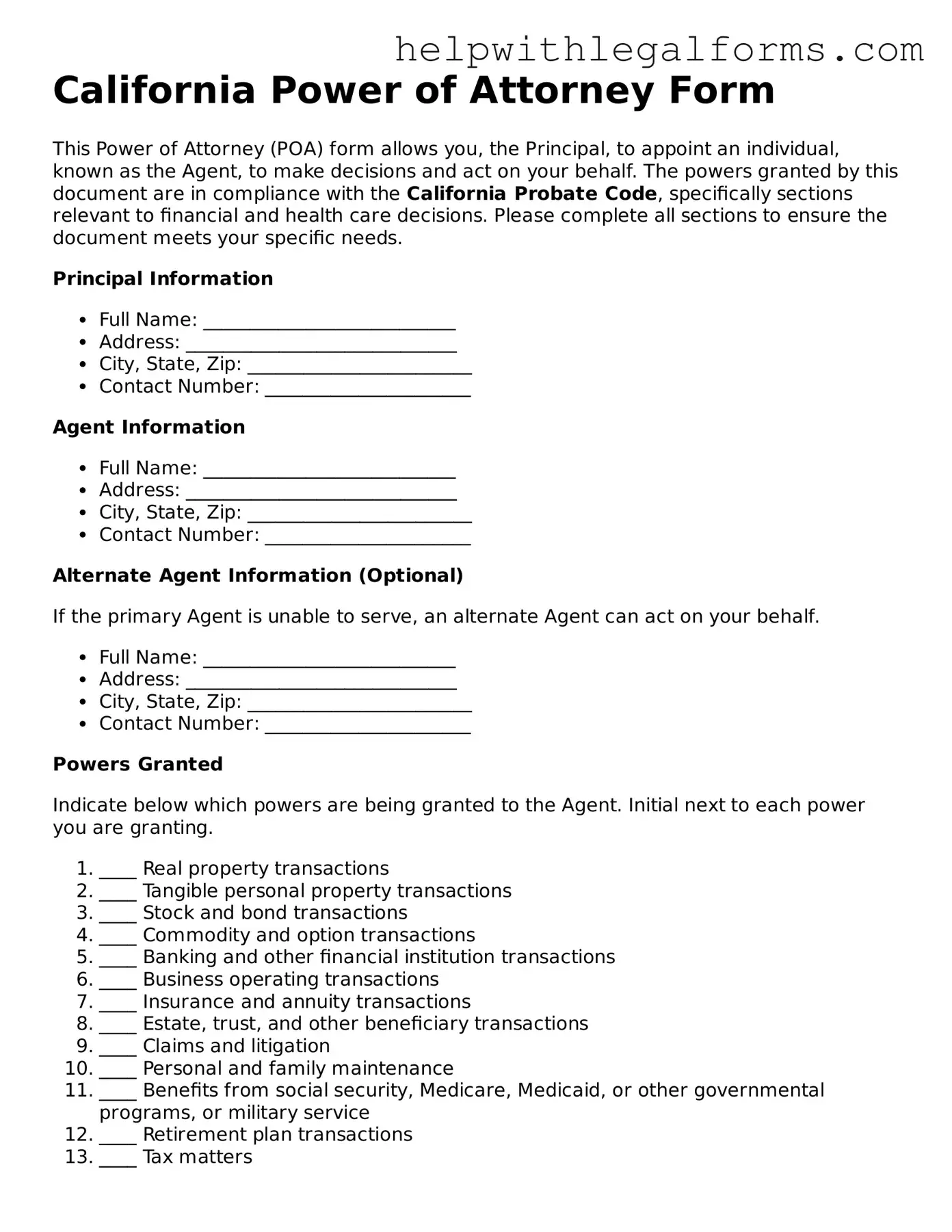 Blank  Power of Attorney Form for California