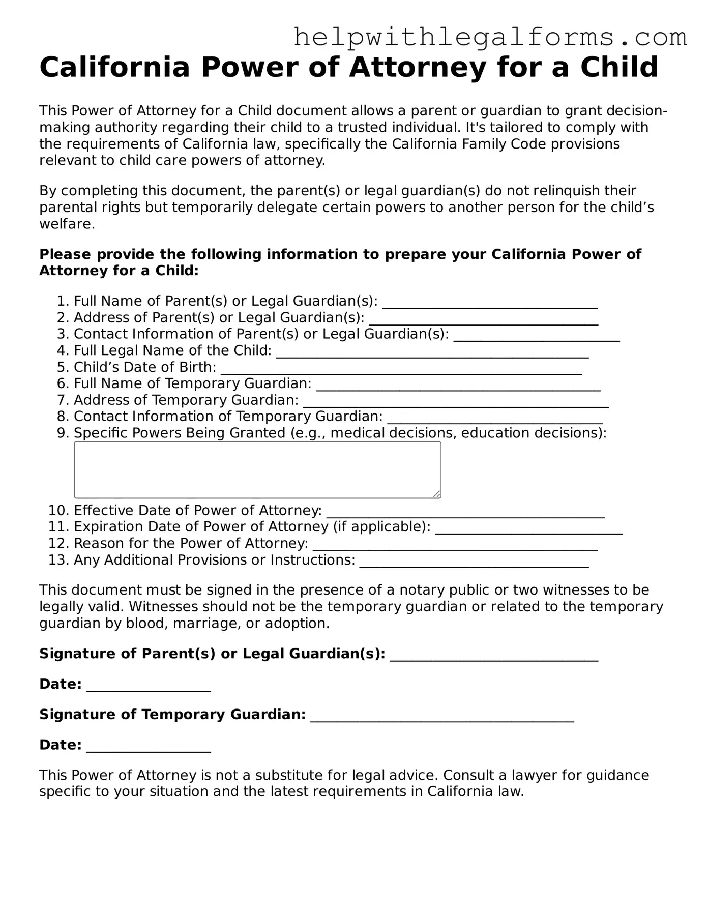 Blank  Power of Attorney for a Child Form for California