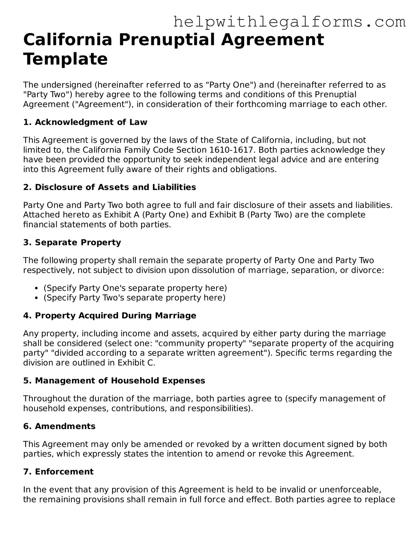 Blank  Prenuptial Agreement Form for California